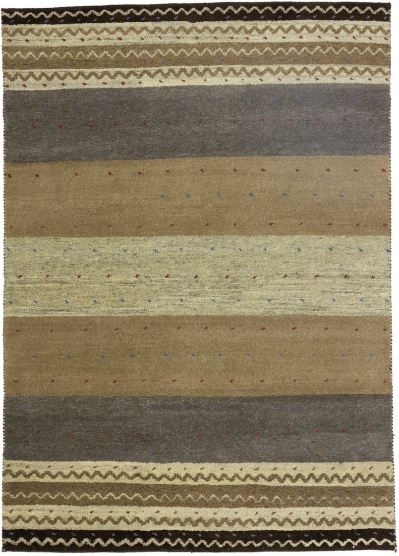 Hand-Knotted Wool Area Rug Striped Multicolor Tribal Modern Indo-Gabbeh 5'6 x 7'9: Hand-Knotted Wool Area Rug Striped Multicolor Tribal Modern Indo-Gabbeh 5'6 x 7'9 This hand-knotted wool area rug features a modern multicolored striped tribal design. Crafted in India, it offers a un