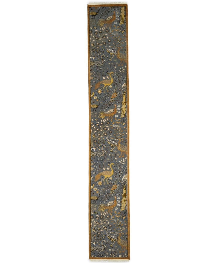 Hand-Knotted Wool Runner Rug 2'6 x 15'11 Pictorial Birds Motif: Hand-Knotted Wool Runner Rug 2'6 x 15'11 Pictorial Birds Motif Enhance your living space with this stunning oversized Oriental runner rug featuring a pictorial birds design. Measuring 2'6" x 15'11", t