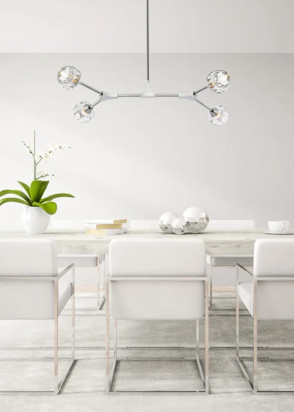 Modern 4 Light Crystal Pendant Chandelier Zayne Chrome 29 inch: Modern 4 Light Crystal Pendant Chandelier Zayne Chrome 29 inch This modern crystal pendant chandelier features a chrome-plated finish and four faceted crystal shades, providing a sophisticated lightin