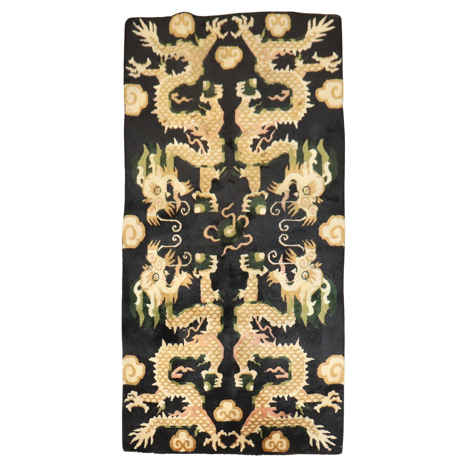 Zabihi Collection Hand-Woven Wool Dragon Rug 37 x 74 Tibet Tang Style: Zabihi Collection Hand-Woven Wool Dragon Rug 37 x 74 Tibet Tang Style Introducing the Zabihi Collection Vintage Dragon Rug, a stunning representation of Tibetan craftsmanship. This hand-woven rug feat