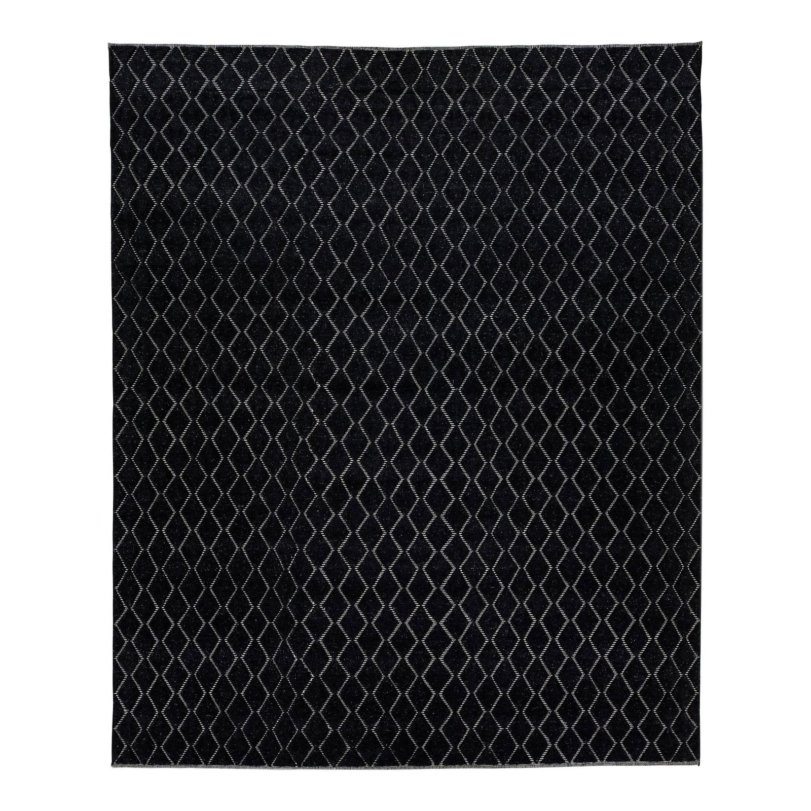 Contemporary Moroccan Black Wool Rug 10'3 x 14'3 Geometric Design: Contemporary Moroccan Black Wool Rug 10'3 x 14'3 Geometric Design Enhance your space with this modern Moroccan-style rug, featuring a stunning allover geometric design hand-knotted in rich black wool.