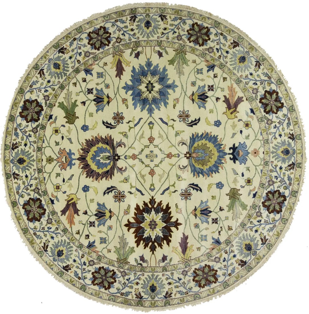 Round Handmade Peshawar Oushak Floral Wool Rug 10x10 ft: Round Handmade Peshawar Oushak Floral Wool Rug 10x10 ft Enhance your living space with this exquisite 10X10 ft Round Handmade Peshawar Oushak Chobi Oriental Rug. Crafted in India, this area rug featur