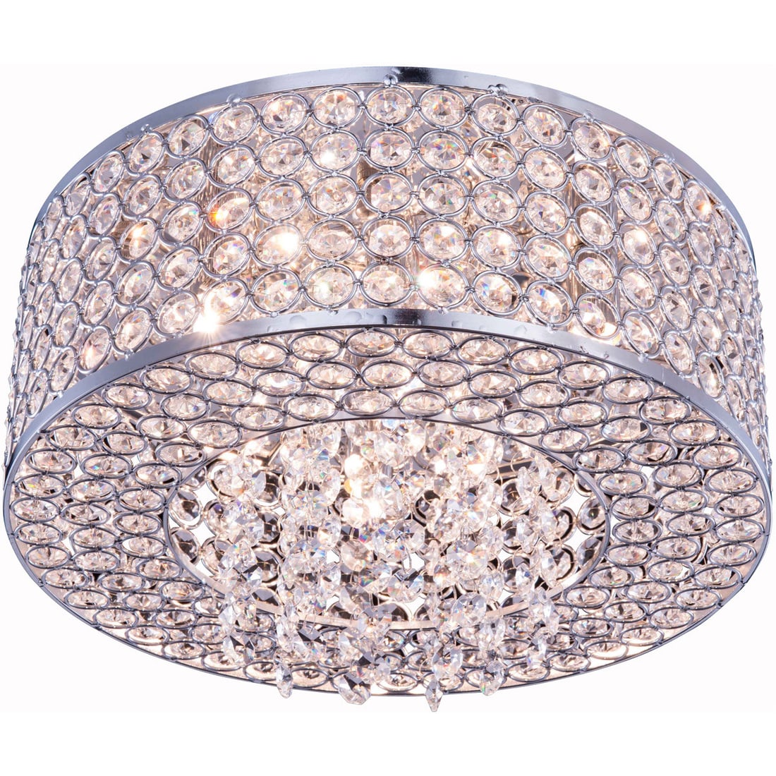 Amelie 4 Light Chrome Crystal Flush Mount 12 inch: Amelie 4 Light Chrome Crystal Flush Mount 12 inch This modern flush mount chandelier from the Amelie collection features a chrome-plated circular frame adorned with royal-cut clear crystals. Designed 