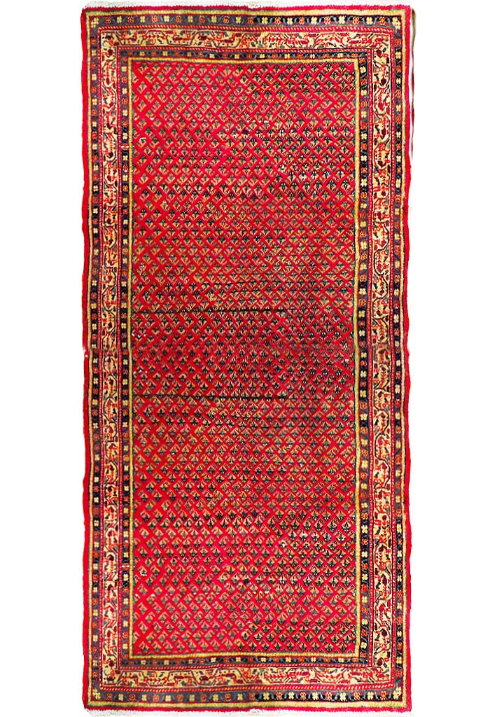 4'3 x 9' Red Semi-Antique Persian Mir Runner Handmade Wool Rug: 4'3 x 9' Red Semi-Antique Persian Mir Runner Handmade Wool Rug Free continental US Shipping Discover the elegance of this 4' 3" x 9' Red Semi-Antique Persian Mir Runner, a stunning piece handcrafted b