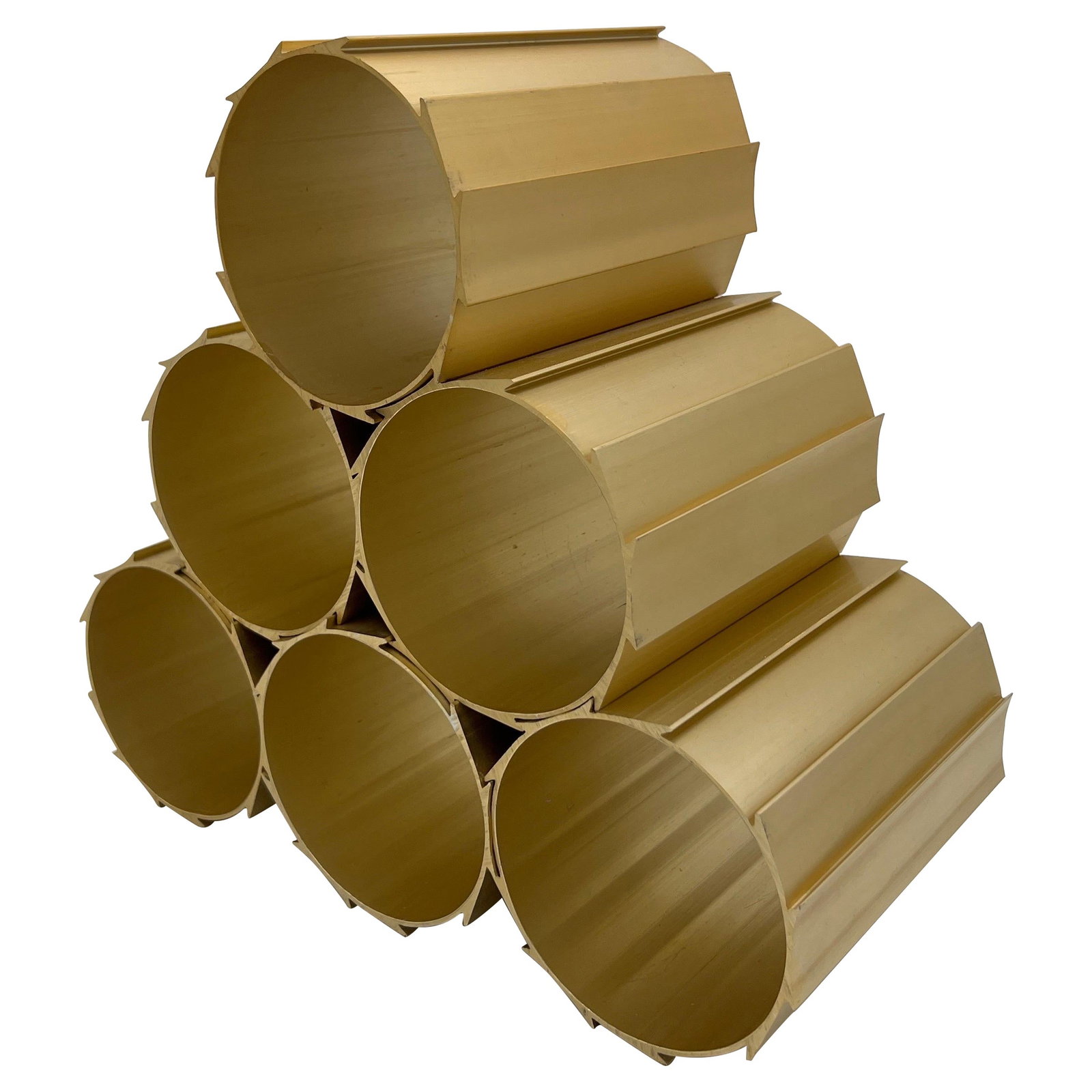 Set of 6 Gold Anodized Aluminum Modular Mid-Century Wine Rack Pieces: Set of 6 Gold Anodized Aluminum Modular Mid-Century Wine Rack Pieces This Mid-Century Modern modular wine rack is crafted from anodized aluminum with a gold finish. Its innovative design features six 