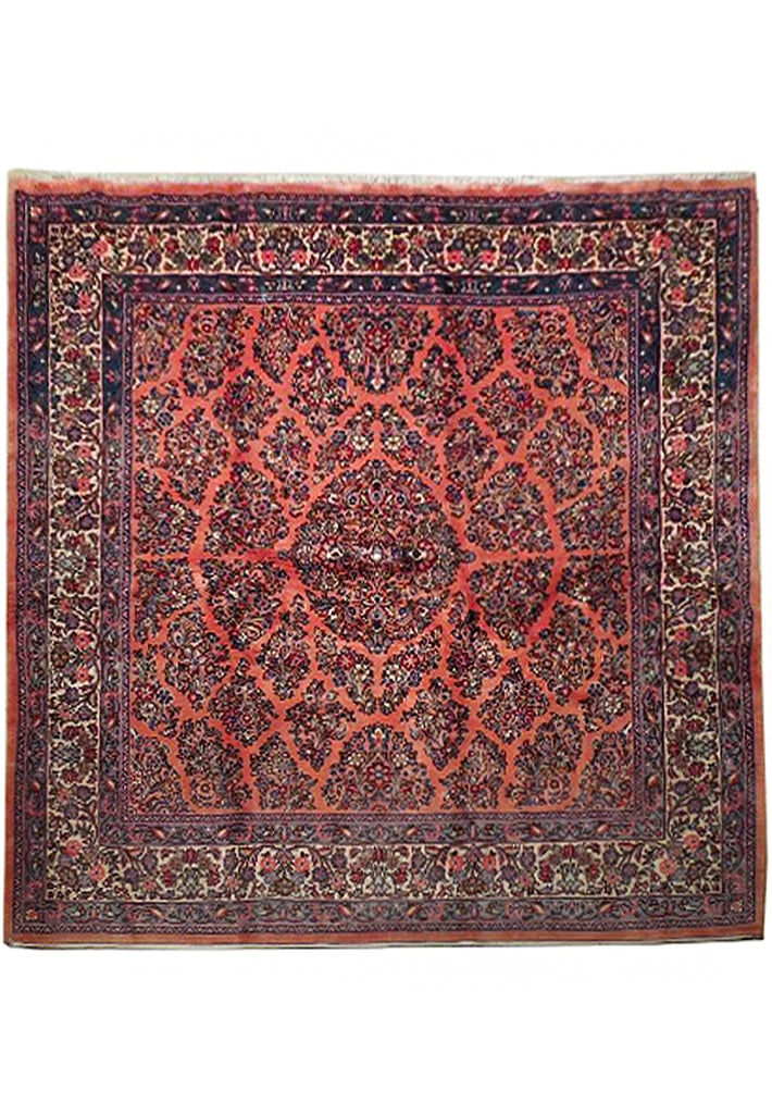 Handcrafted 6.8 x 6.8 Salmon Persian Sarouk Rug: Handcrafted 6.8 x 6.8 Salmon Persian Sarouk Rug Free continental US Shipping Experience the elegance of the Salmon Fine Persian Sarouk Rug, a stunning handcrafted piece that showcases the artistry of 