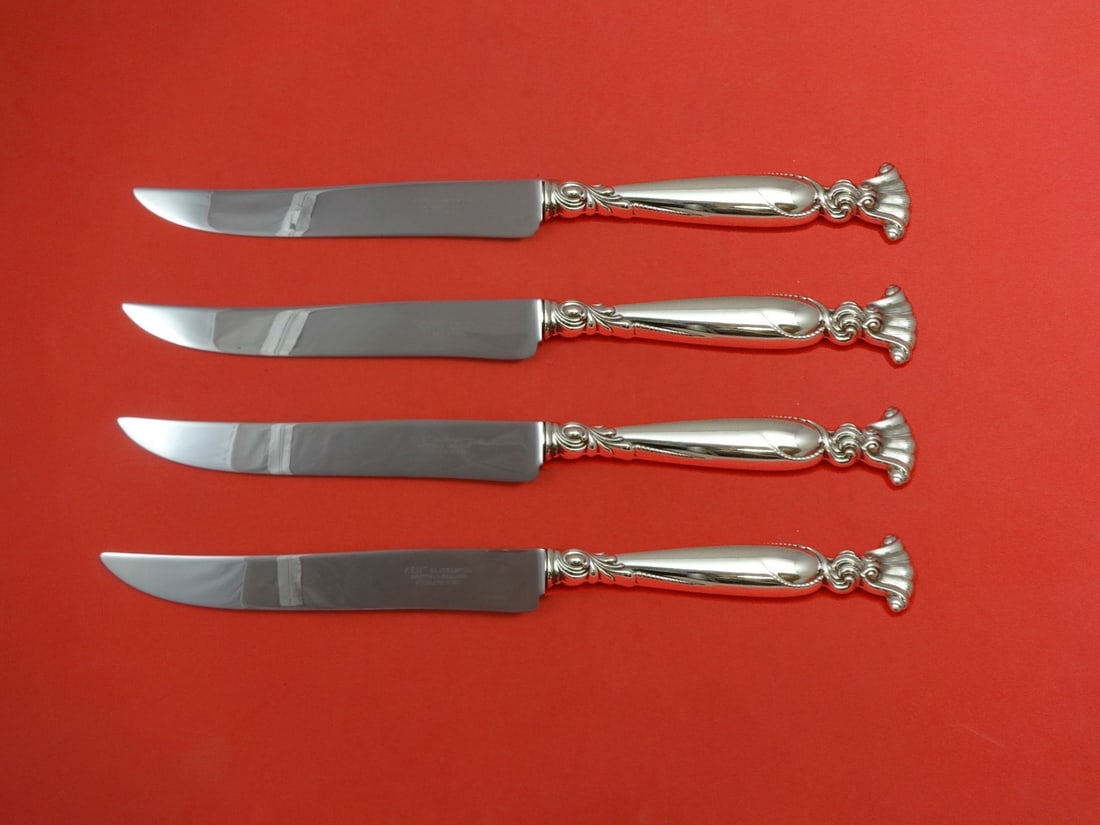 Wallace Romance of the Sea Sterling Silver Steak Knife Set 4pc Texas Size: Wallace Romance of the Sea Sterling Silver Steak Knife Set 4pc Texas Size Elevate your dining experience with this exquisite 4-piece steak knife set from the Romance of the Sea pattern by Wallace. Cra