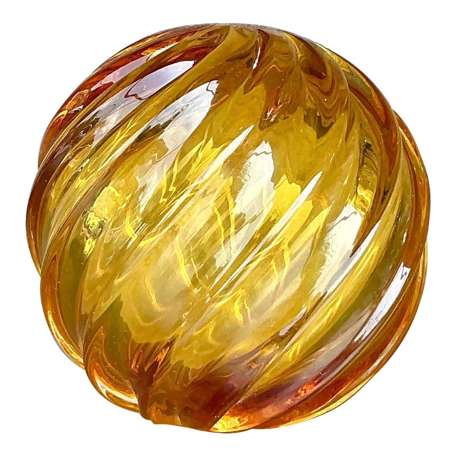 Vintage Amber Blown Glass Sphere 4.5-inch Regency Style: Vintage Amber Blown Glass Sphere 4.5-inch Regency Style Illuminate your space with the enchanting Vintage Regency Swirl Blown Glass Sphere. This exquisite orb, measuring 4.5 inches in diameter, is cra