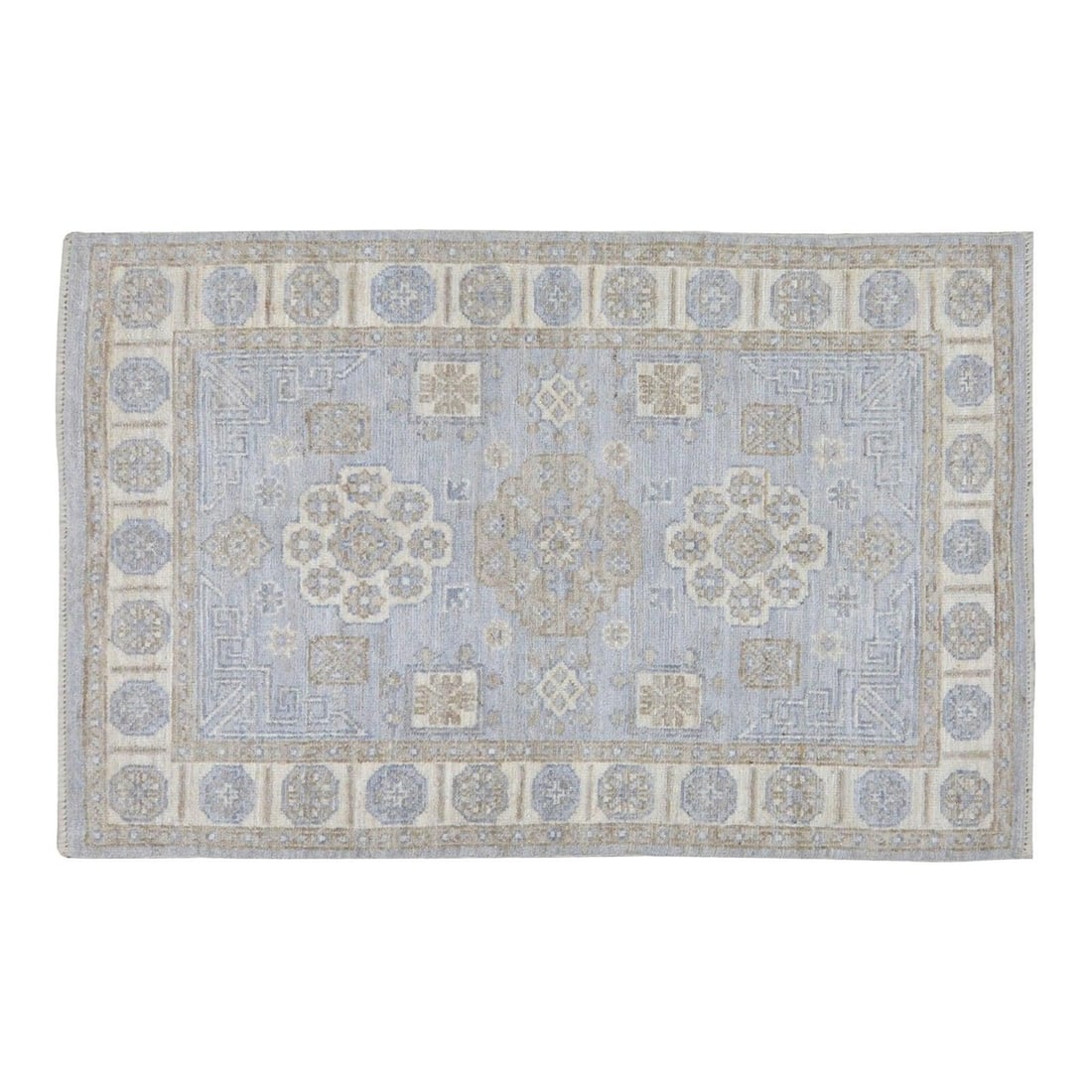 Gray Hand-Knotted Wool Oushak Rug 5'1 x 7' Turkish Design: Gray Hand-Knotted Wool Oushak Rug 5'1 x 7' Turkish Design This Turkish Oushak rug is hand-knotted from wool using traditional techniques, offering a blend of classic artistry and modern design. Its du