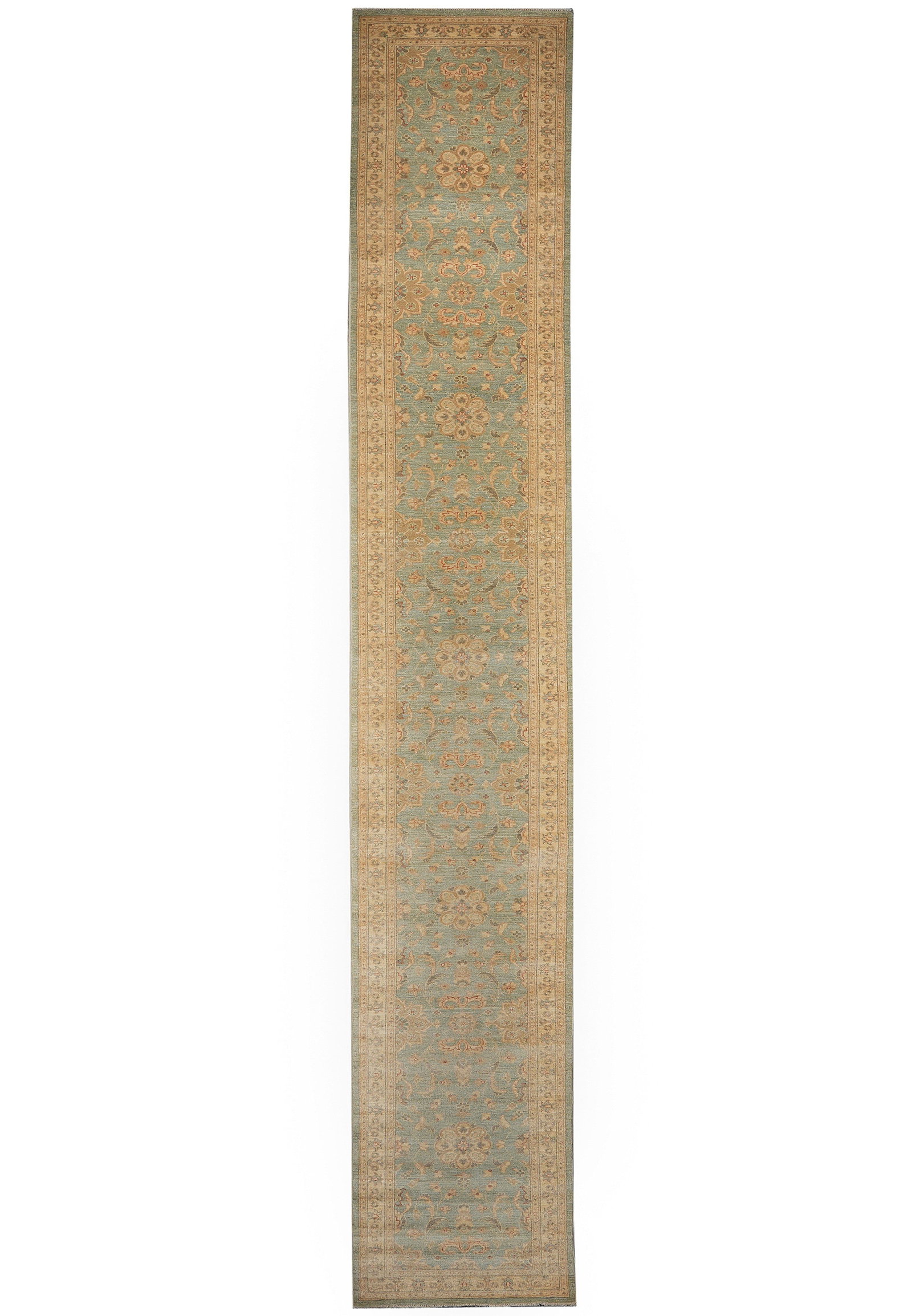 Hand Knotted Chobi Peshawar Zigler Wool Runner Rug 27 in x 216 in Green: Hand Knotted Chobi Peshawar Zigler Wool Runner Rug 27 in x 216 in Green Free continental US Shipping This handmade Chobi Peshawar runner rug features a Zigler pattern and a green color palette with be