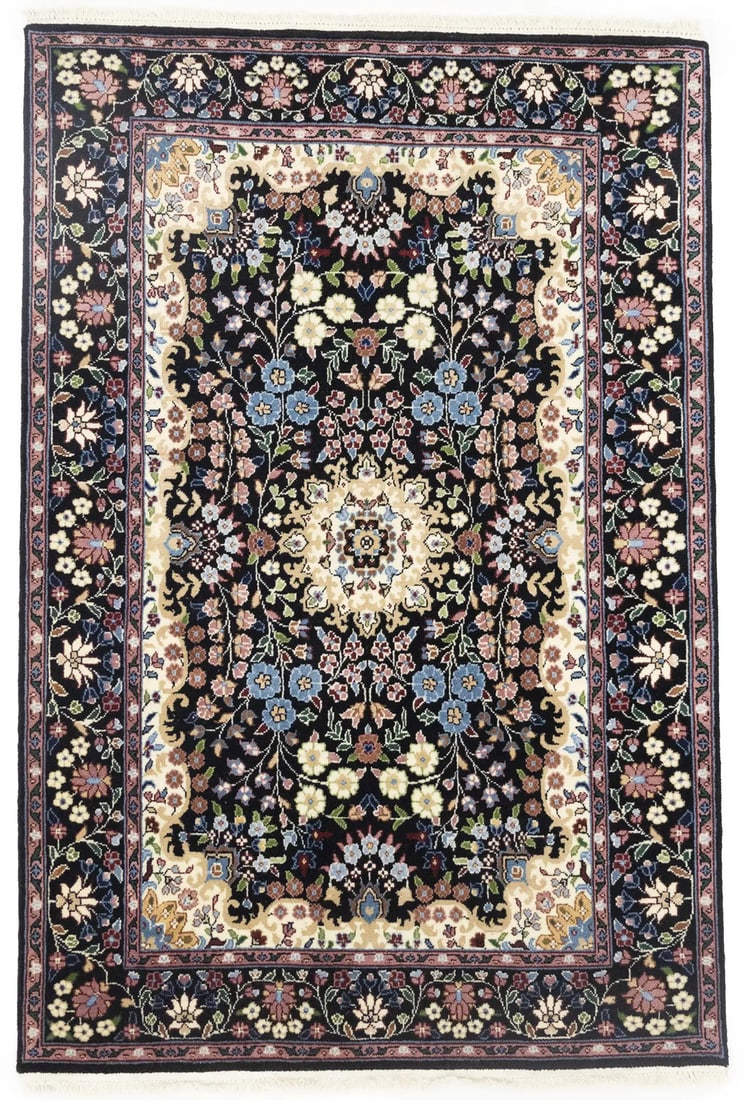 Hand-Knotted Kirman Wool Area Rug Black Floral Medallion 4x6 ft Modern Design: Hand-Knotted Kirman Wool Area Rug Black Floral Medallion 4x6 ft Modern Design Enhance your home with this exquisite hand-knotted Kirman Oriental rug, featuring a stunning floral medallion design. Craf