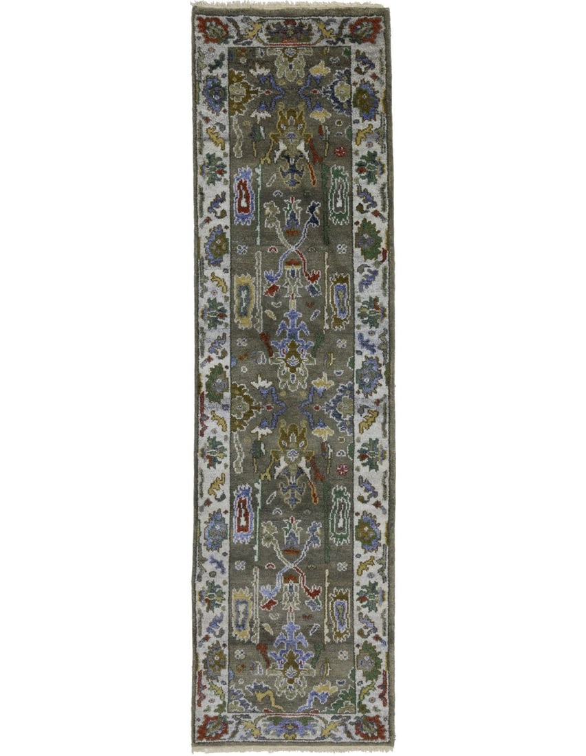 Hand Knotted Wool Floral Runner Rug 2'7 x 9'5: Hand Knotted Wool Floral Runner Rug 2'7 x 9'5 This handmade runner rug features a floral pattern in muted tones including taupe, cream, buff, green, and rusty red. Expertly hand-knotted from wool, it 