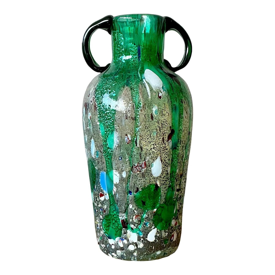 Italian Emerald Green Confetti Art Glass Vase in Murano Style with Handles: Italian Emerald Green Confetti Art Glass Vase in Murano Style with Handles This exceptional mid-century Italian art glass vase pays tribute to the renowned Murano glassmaking tradition, featuring the 