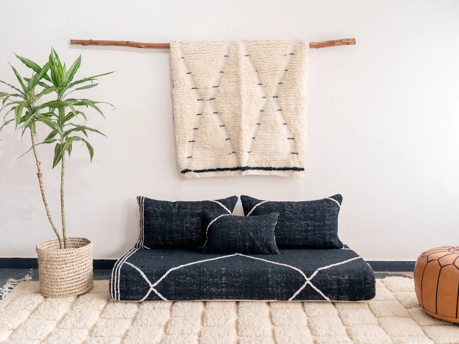 Handmade Midnight Black Moroccan Berber Loveseat with Natural Wool (1 of 7)