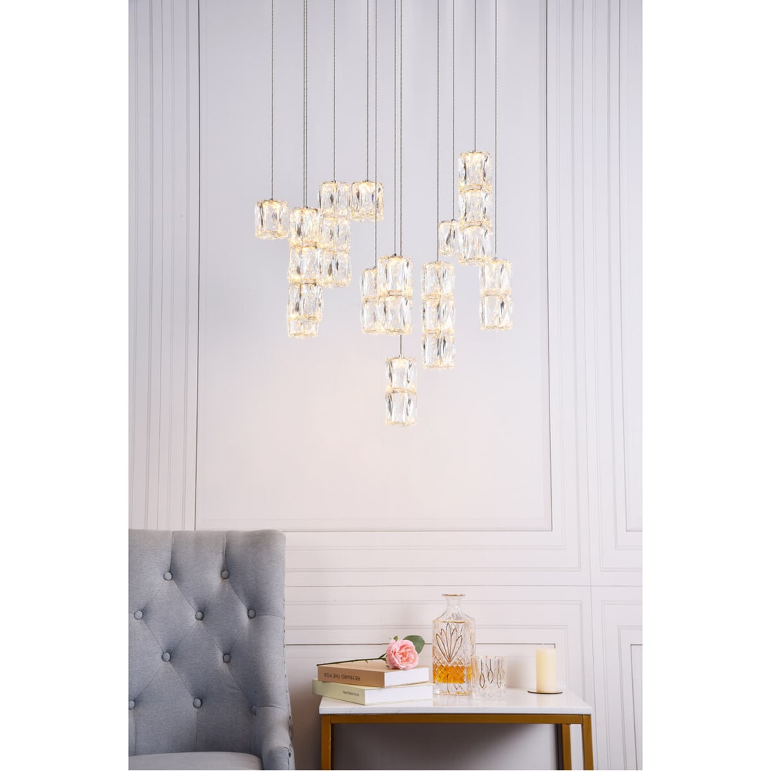 Polaris 9-Light Chrome Crystal Pendant Chandelier: Polaris 9-Light Chrome Crystal Pendant Chandelier This modern pendant chandelier features a high-quality chrome finish and multi-sided clear crystals, creating a striking centerpiece for foyers, dinin