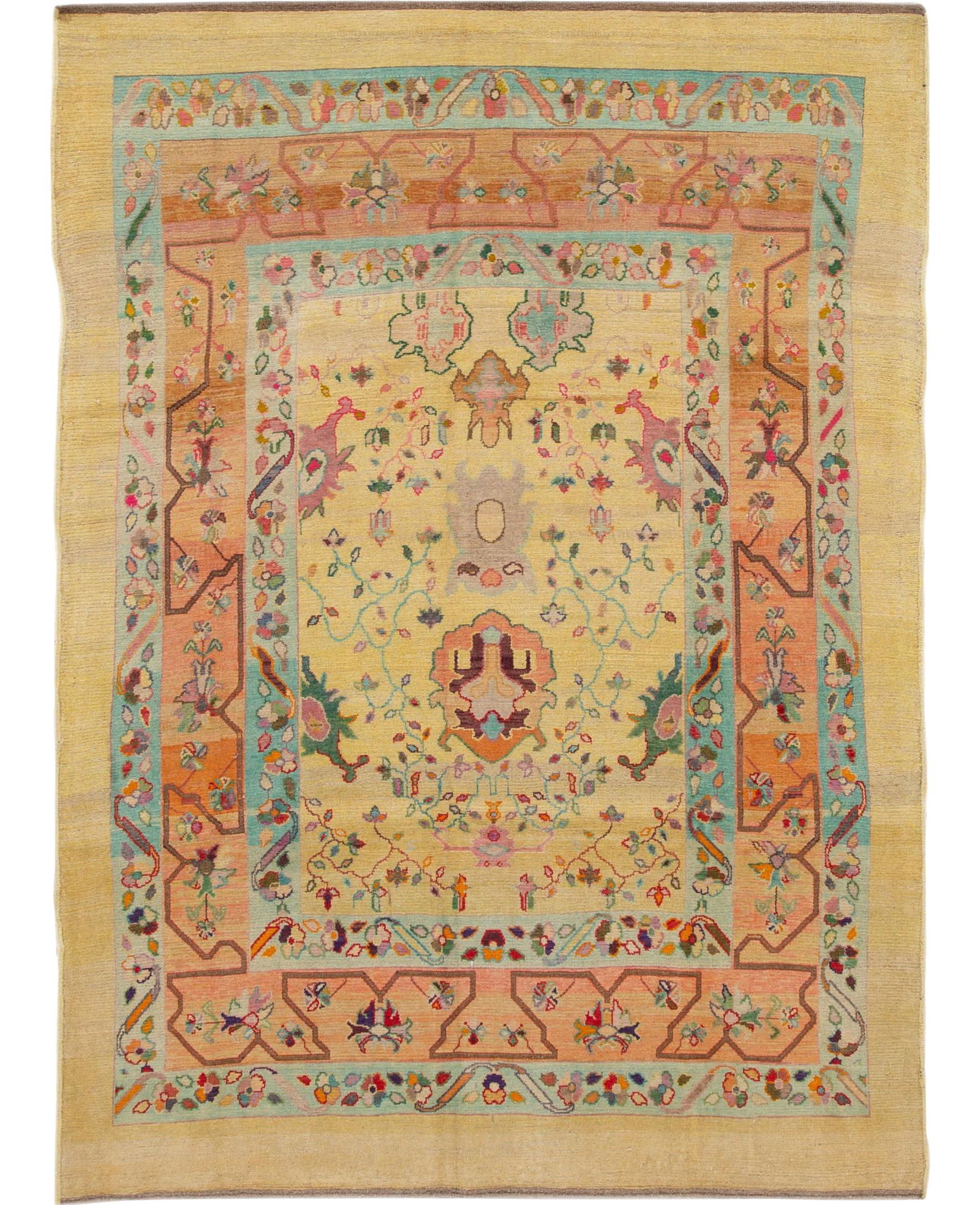 Vibrant Yellow Handmade Wool Rug Modern Revival 6'4 x 8'11: Vibrant Yellow Handmade Wool Rug Modern Revival 6'4 x 8'11 Enhance your living space with this stunning Modern Revival hand-knotted wool rug featuring a vibrant yellow field. The eye-catching design i