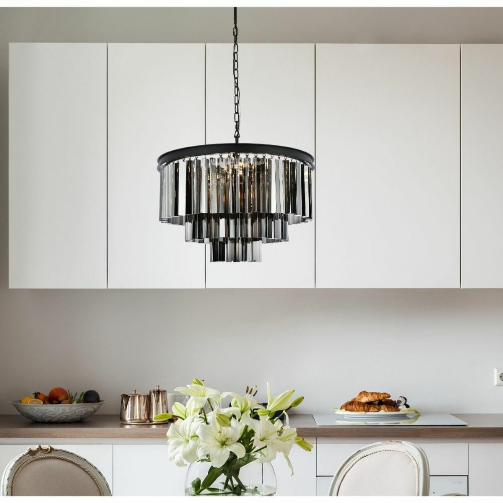 Sydney 26 in 9 Light Crystal Chandelier Matte Black: Sydney 26 in 9 Light Crystal Chandelier Matte Black This modern crystal chandelier features a matte black finish with crystal detailing and a 9-light design. It is hardwired for indoor installation an