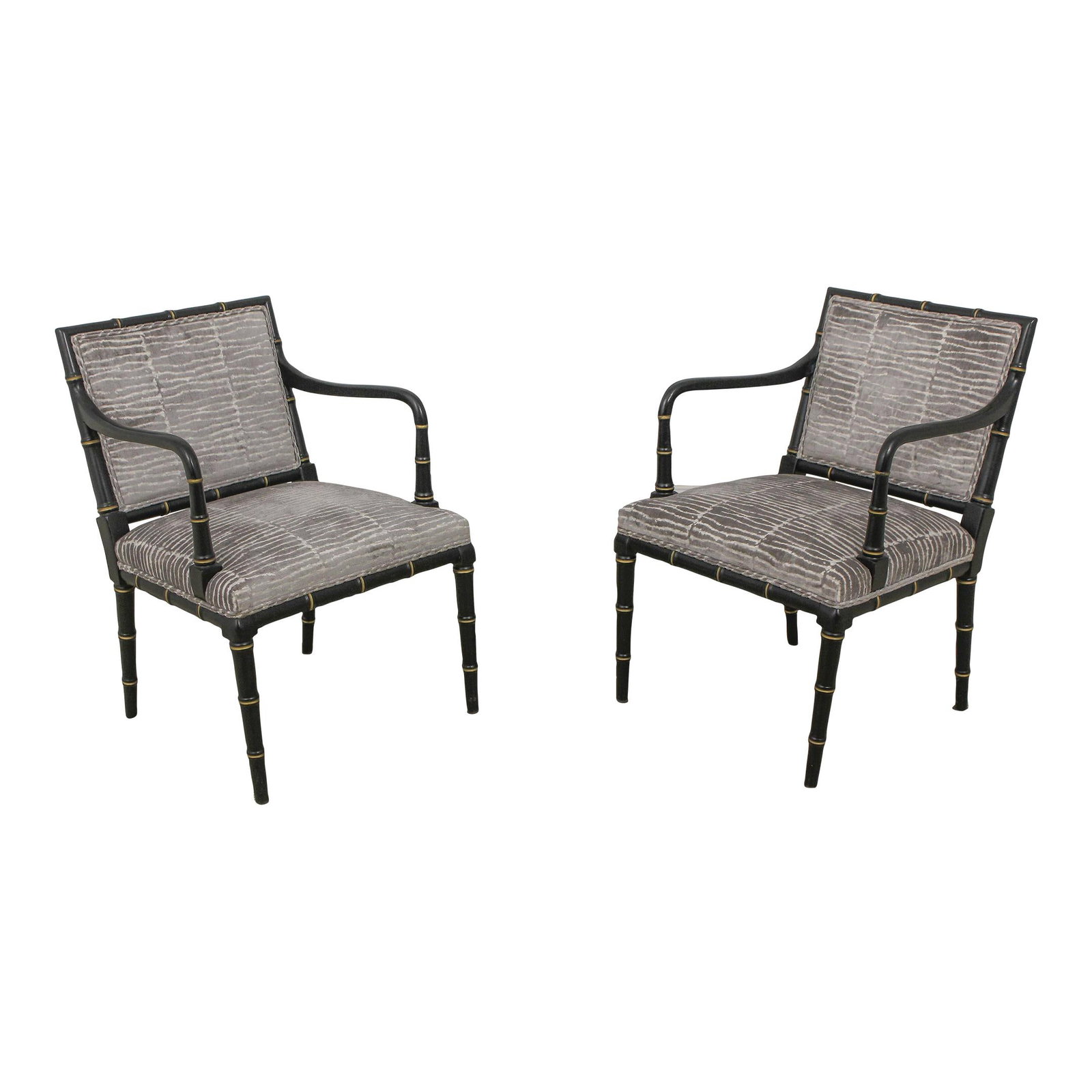 Elegant Pair of Bamboo Form Armchairs with Modern Print Upholstery: Elegant Pair of Bamboo Form Armchairs with Modern Print Upholstery This pair of bamboo form open armchairs features a modern print upholstery that enhances any decor with style. Constructed with quali