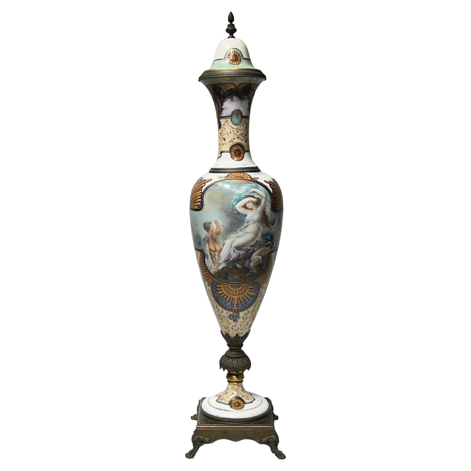 Neoclassical French Porcelain Vase with Bronze Base Signed Lingrand c1880: Neoclassical French Porcelain Vase with Bronze Base Signed Lingrand c1880 This late 19th century French porcelain vase in the neoclassical Sevres style features exceptional hand-painted, gilt, and ena