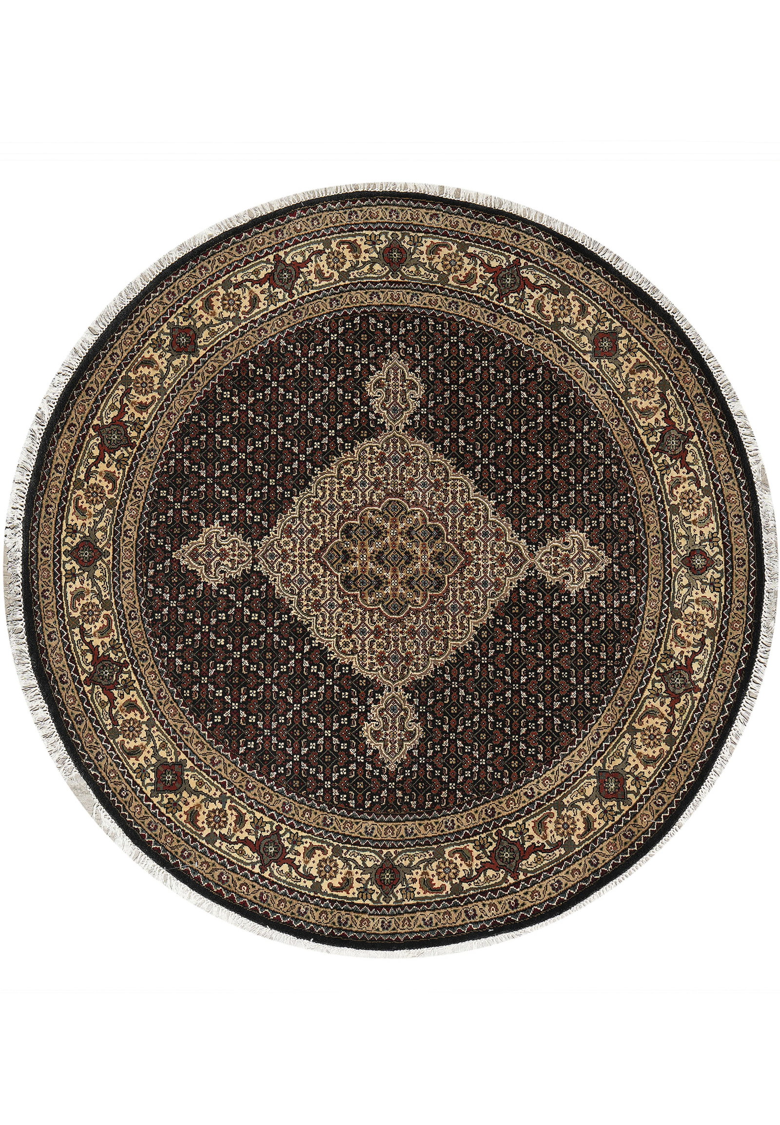 62 x 64 Round Hand Knotted Wool Silk Mahi Tabriz Herati Rug: 62 x 64 Round Hand Knotted Wool Silk Mahi Tabriz Herati Rug Free continental US Shipping Handmade Mahi Tabriz Herati area rug with a round design, featuring a dark brown field, central diamond medalli