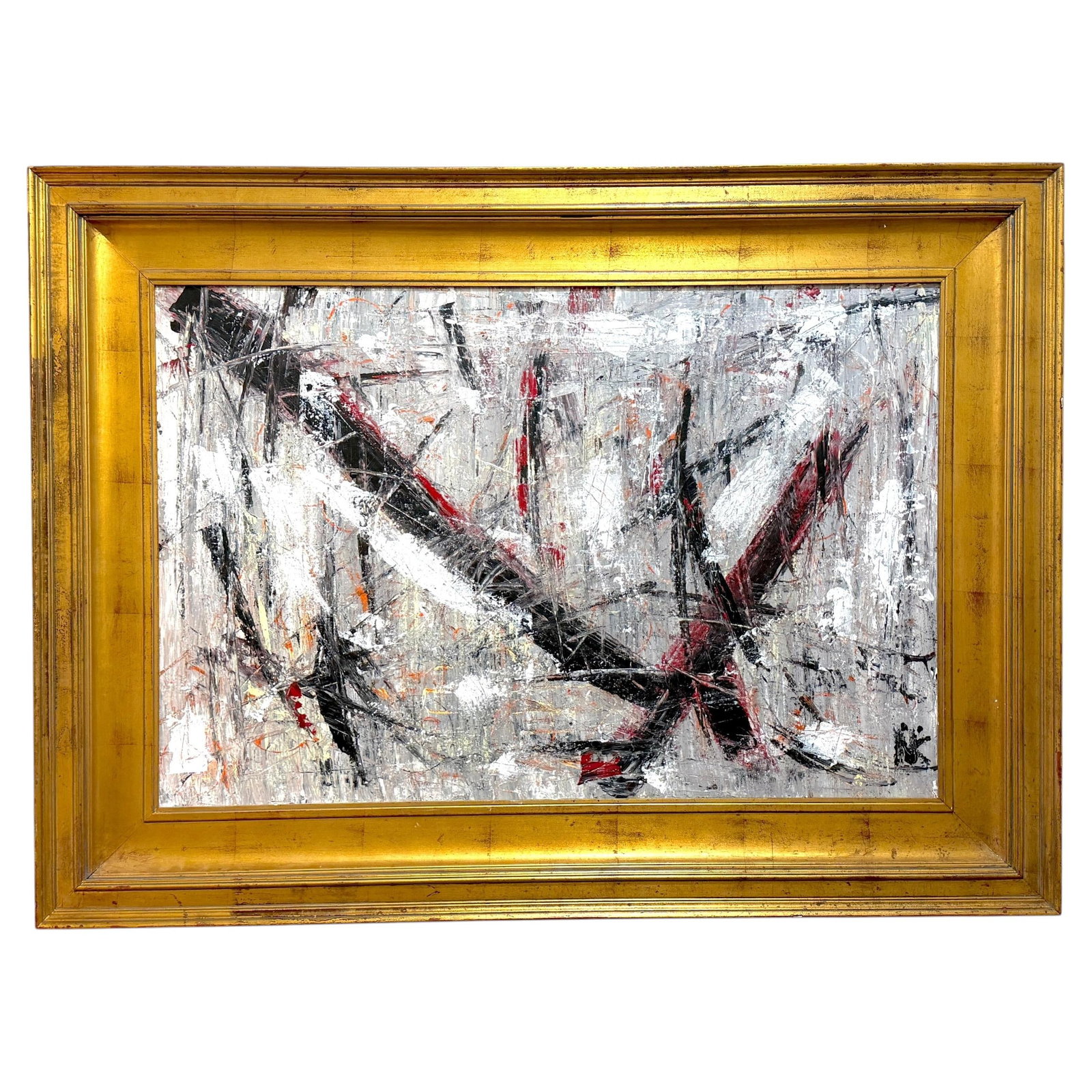 Framed Niki Smith abstract impasto canvas in giltwood: Framed Niki Smith abstract impasto canvas in giltwood This monumental abstract expressionist painting by Niki Smith is a bold example of impasto technique, featuring a dramatic palette of black, silve