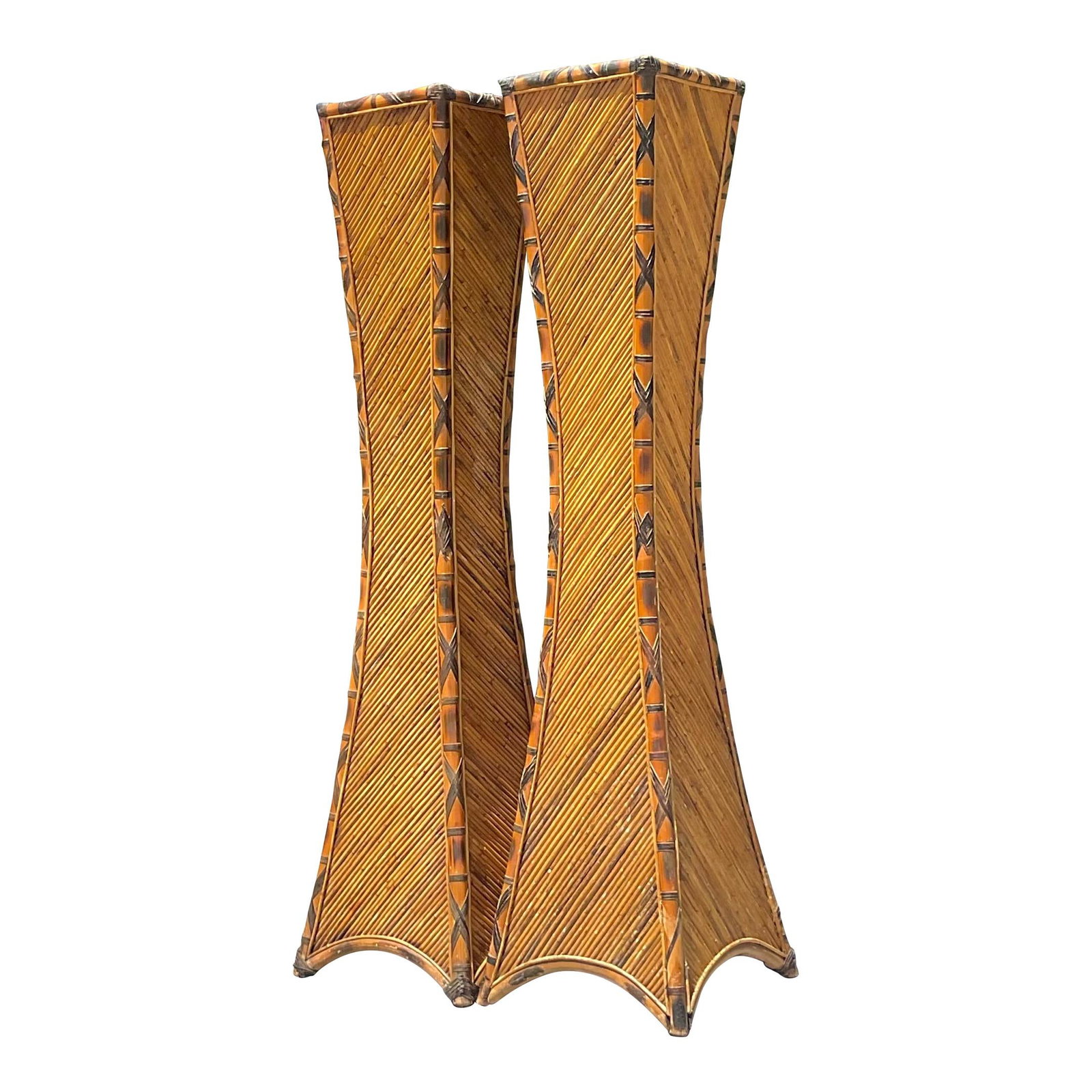 Elegant Vintage Coastal Pencil Reed Torchere Lamps Pair: Elegant Vintage Coastal Pencil Reed Torchere Lamps Pair Transform your space with this exquisite pair of Vintage Coastal Pencil Reed Torchere Lamps. Designed to illuminate your coastal retreat, these 