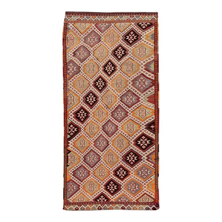 Vintage Turkish Sumakh Wool Runner Beige Geometric Design 5'2" x 10'09": Vintage Turkish Sumakh Wool Runner Beige Geometric Design 5'2" x 10'09" This exquisite vintage Turkish Sumakh runner showcases a beautiful hand-knotted wool construction with a soft beige field and vi