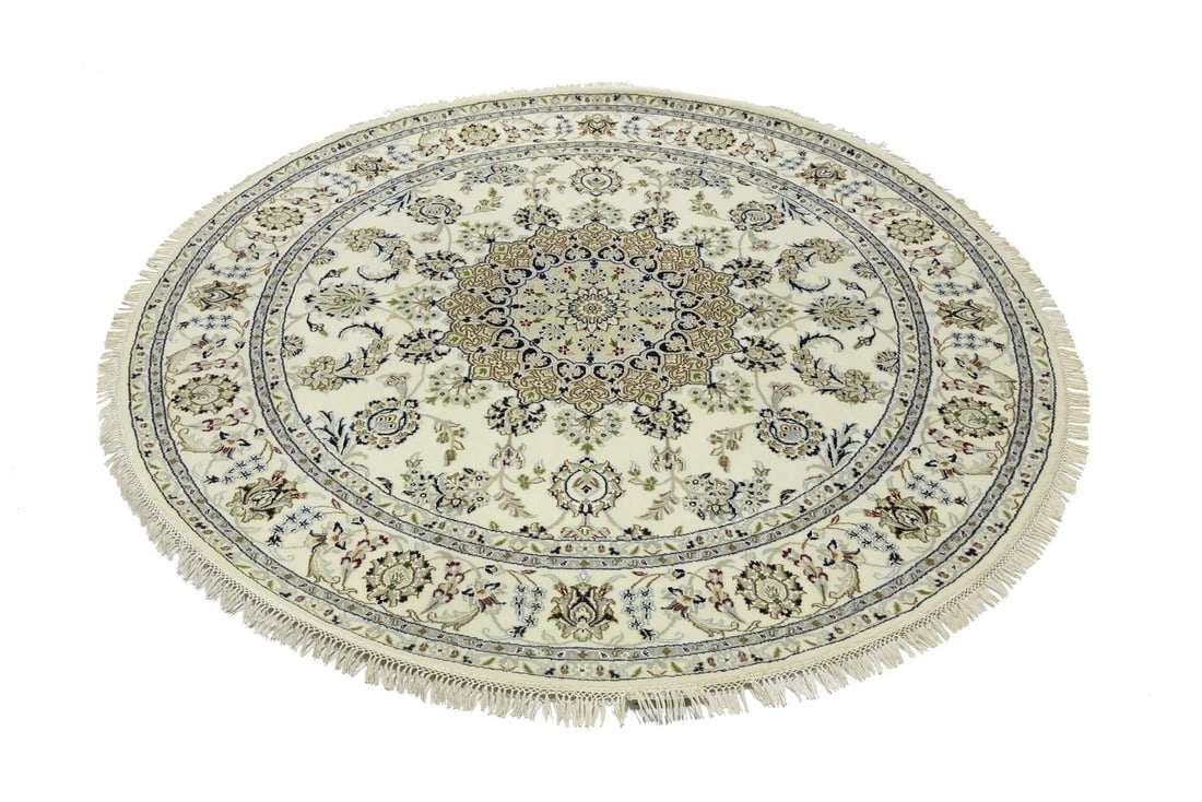 Handmade Floral Round Rug Wool Silk 6ft Traditional Area Carpet: Handmade Floral Round Rug Wool Silk 6ft Traditional Area Carpet Enhance your living space with this exquisite handmade traditional floral round rug, a perfect blend of elegance and functionality. Meas