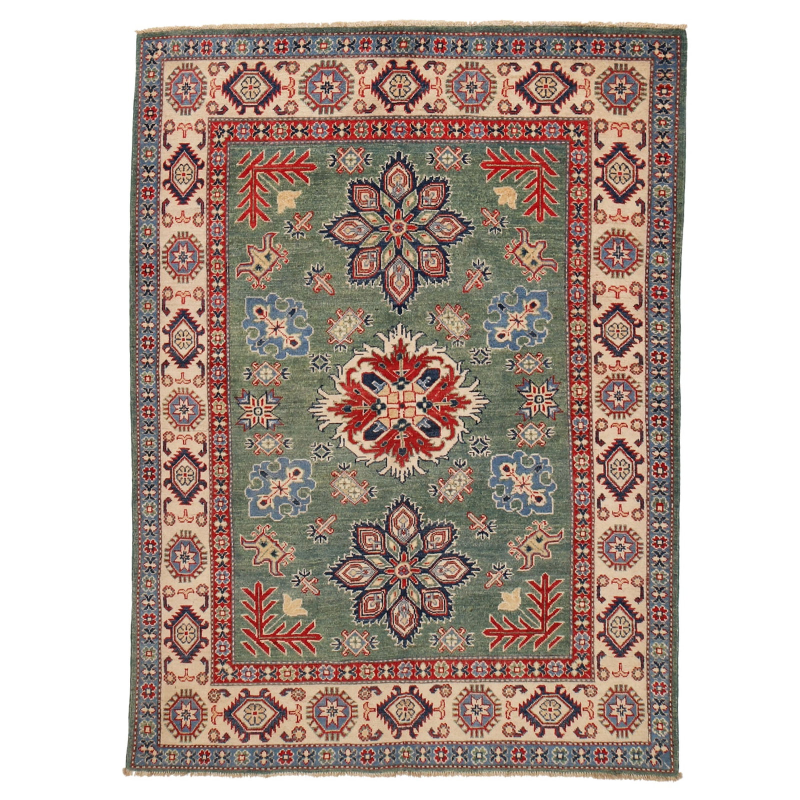 Handmade Olive Sage Green Kazak Rug 4.11 x 6.3 Feet Wool Artisan Craft: Handmade Olive Sage Green Kazak Rug 4.11 x 6.3 Feet Wool Artisan Craft Free continental US Shipping Introducing the exquisite Handmade Olive Sage Green Kazak Rug, measuring 4.11 x 6.3 feet. This stunn