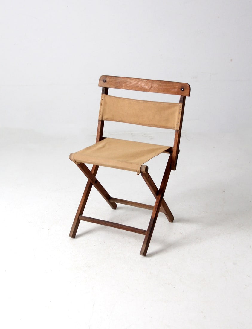 Vintage Folding Camp Chair Wooden Tan Canvas Red Hardware (1 of 9)