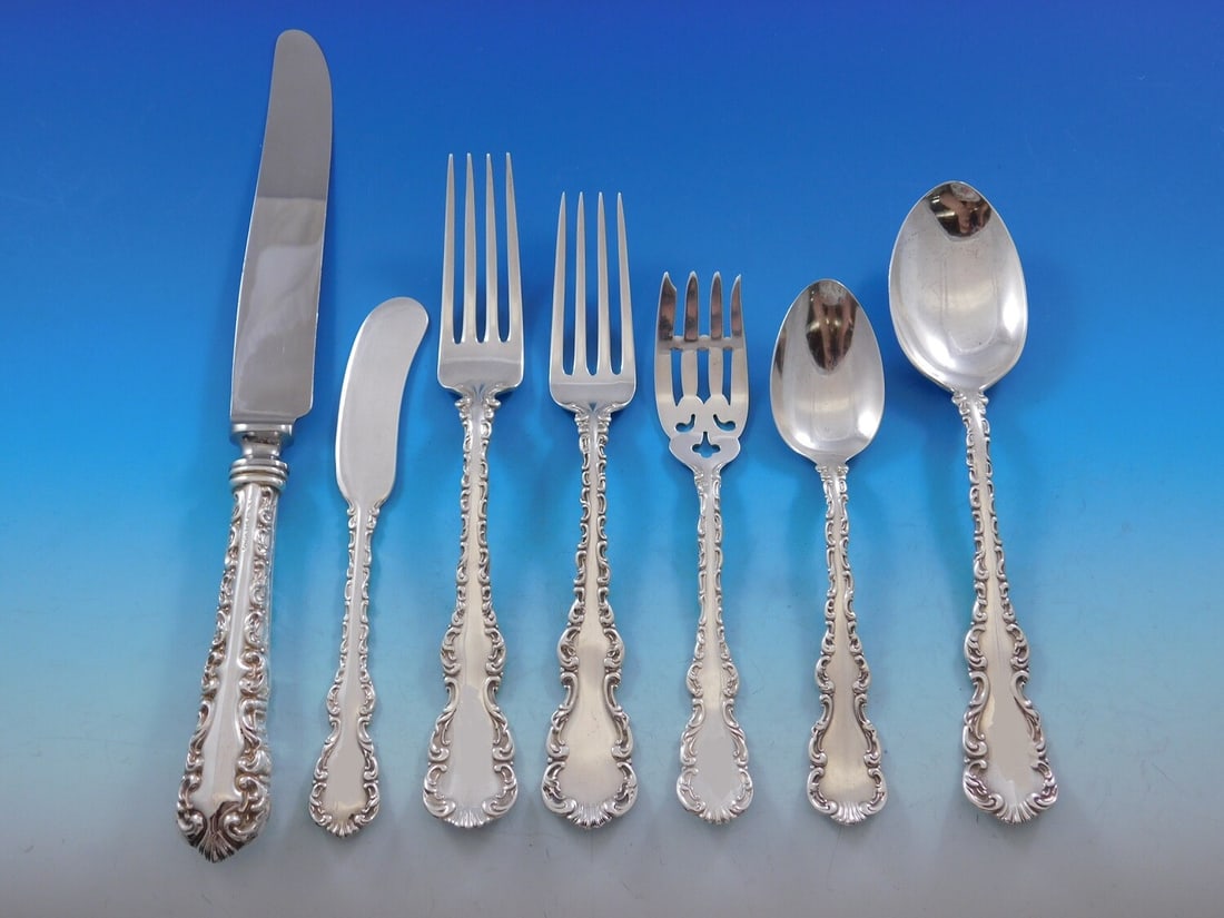 Roden Canada Louis XV Sterling Silver Flatware Set for 6 - 44 Pieces: Roden Canada Louis XV Sterling Silver Flatware Set for 6 - 44 Pieces This exquisite Louis XV flatware set by Roden (Canada) and Whiting is composed of 44 pieces, perfect for serving six. Crafted from 