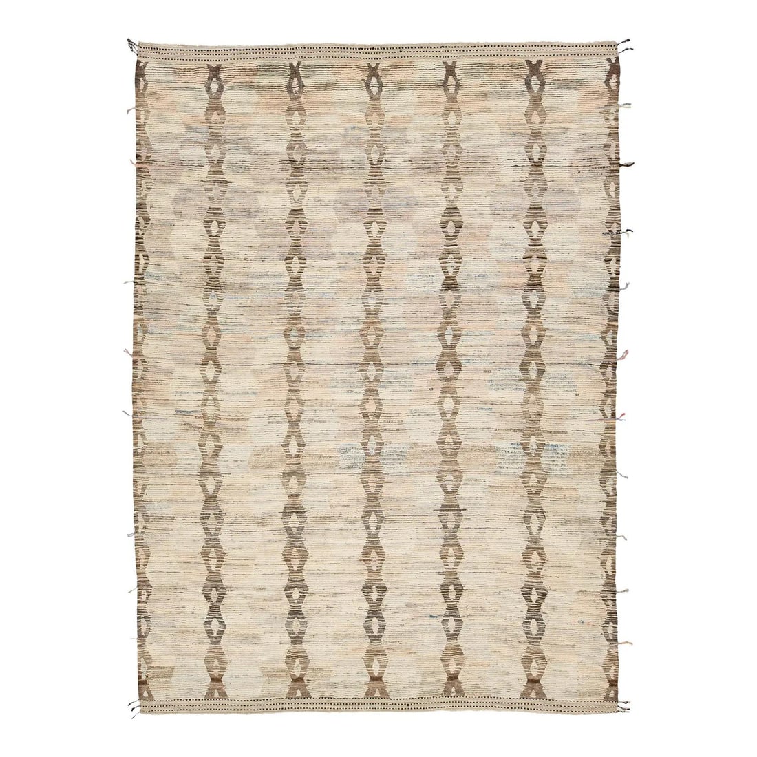 Modern Moroccan Wool Rug 10' x 13'7' Beige Tribal Design: Modern Moroccan Wool Rug 10' x 13'7' Beige Tribal Design Elevate your space with this stunning modern Moroccan style wool rug, featuring a sophisticated beige background adorned with a captivating tri