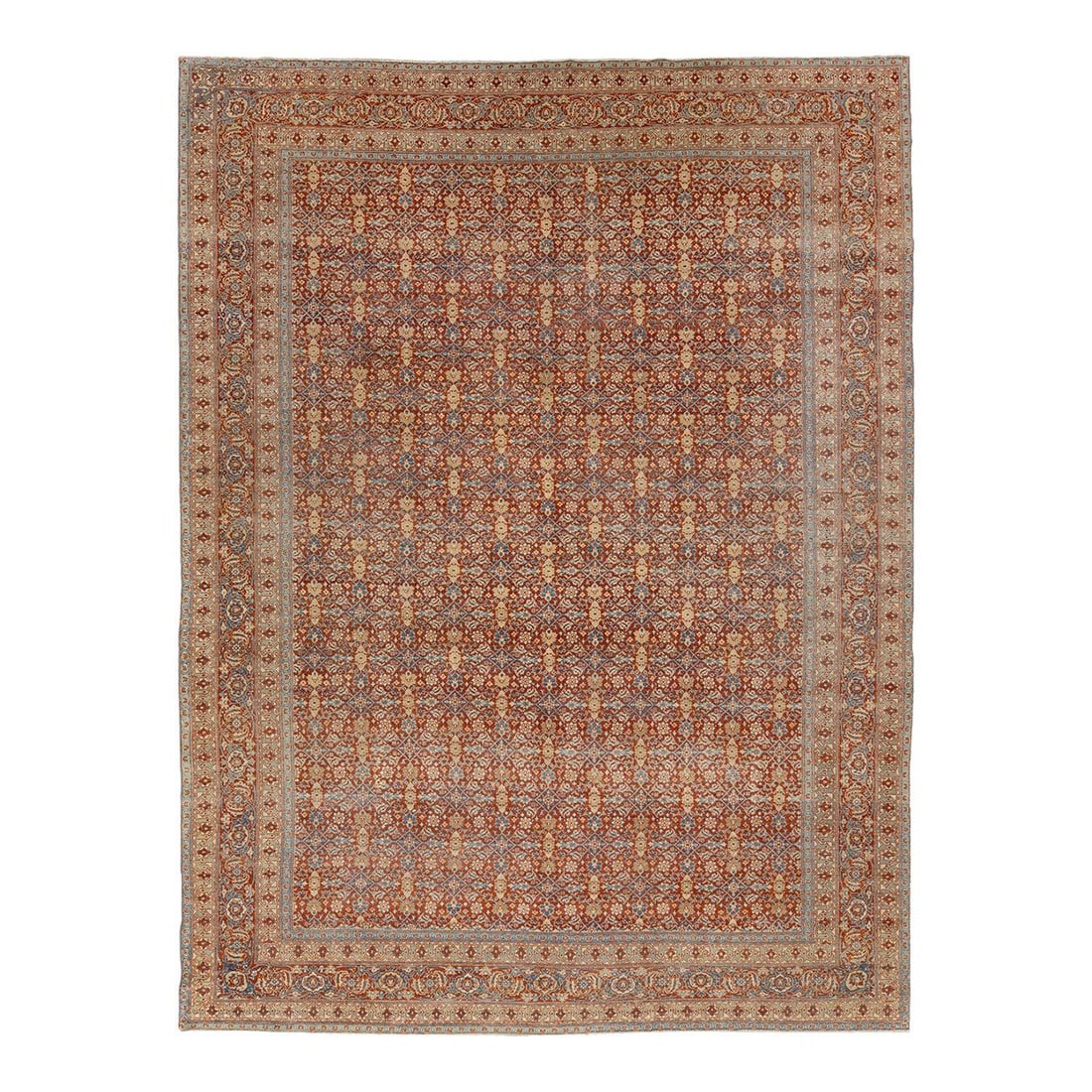 Antique Tabriz Red Handmade Persian Wool Rug 10 x 13 Allover Floral Design: Antique Tabriz Red Handmade Persian Wool Rug 10 x 13 Allover Floral Design This stunning antique Tabriz rug showcases exquisite craftsmanship with its hand-knotted wool construction. The vibrant red f