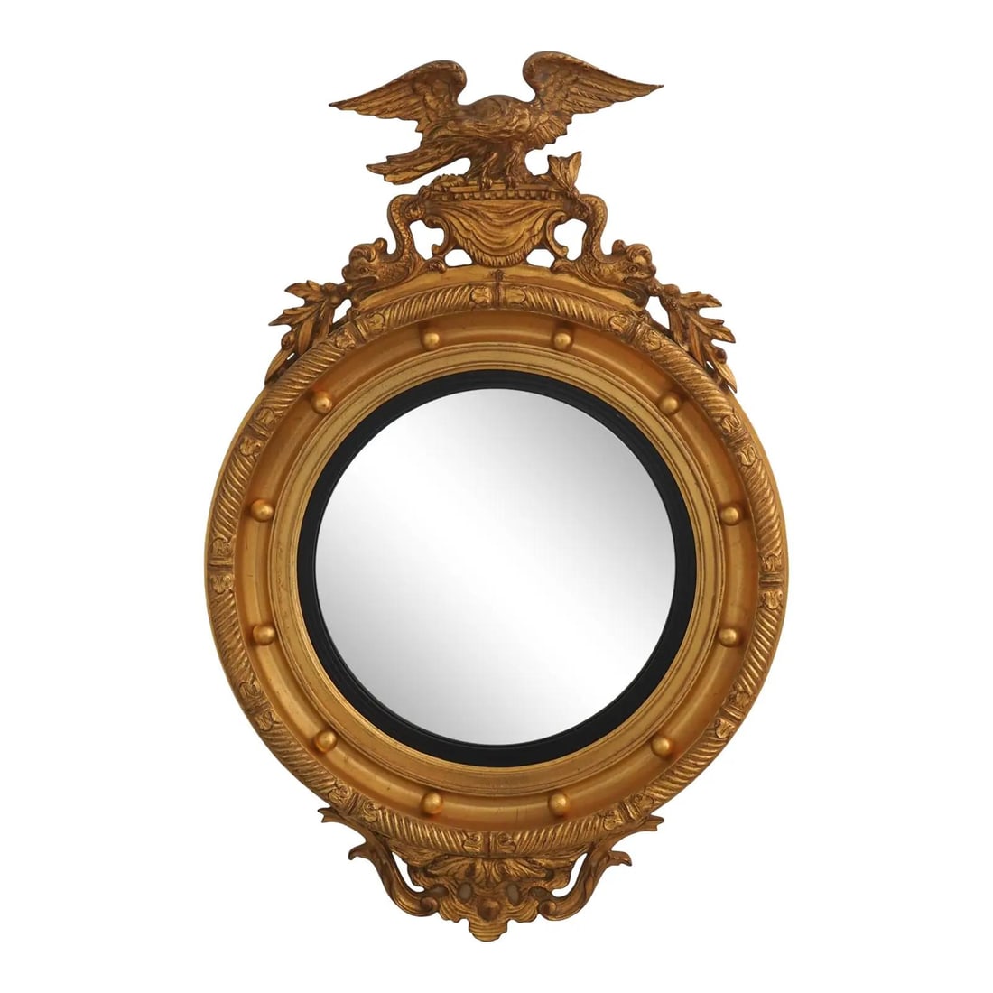 Carvers Guild Convex Bullseye Mirror Gold Leaf Federal Style: Carvers Guild Convex Bullseye Mirror Gold Leaf Federal Style This Carvers Guild Federal style bulls eye mirror features a striking gold leaf finish and fine carved details, showcasing high-quality con