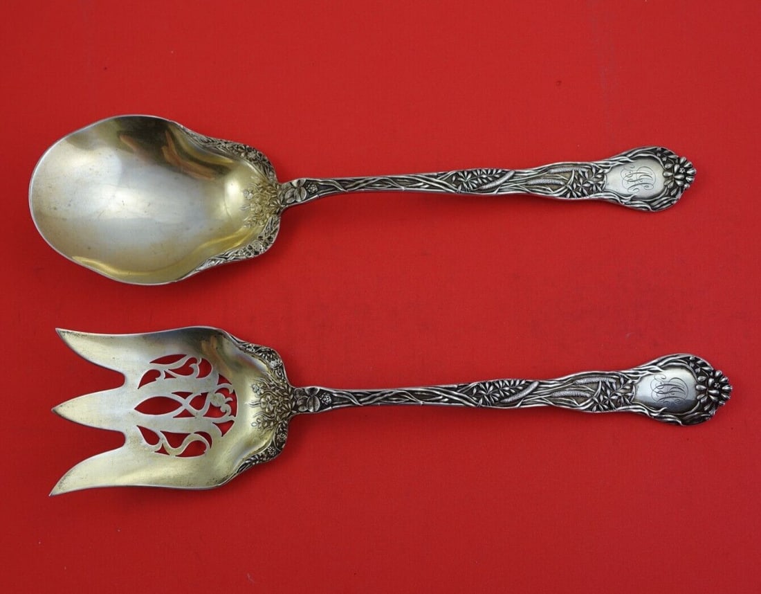 Gorham Meadow Sterling Silver Salad Serving Set 2pc 10 1/4" Gold Washed: Gorham Meadow Sterling Silver Salad Serving Set 2pc 10 1/4" Gold Washed Elevate your dining experience with this exquisite two-piece salad serving set from the Meadow pattern by Gorham. Crafted from s