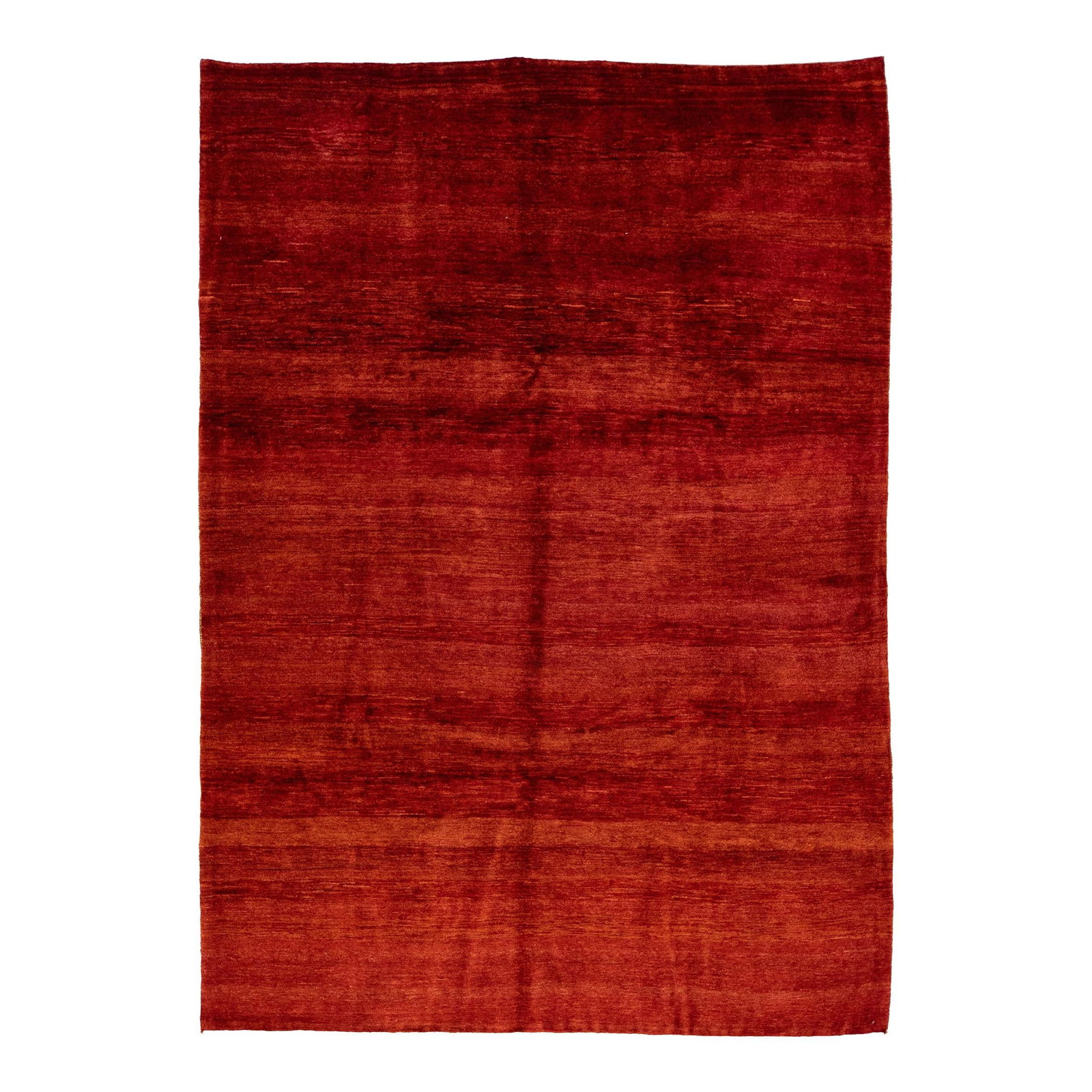 Red Modern Gabbeh Style Handmade Wool Rug 6'9 x 9'8: Red Modern Gabbeh Style Handmade Wool Rug 6'9 x 9'8 This stunning modern Gabbeh-style rug features a vibrant red-rust color field with a captivating all-over solid design. Hand-knotted from high-quali