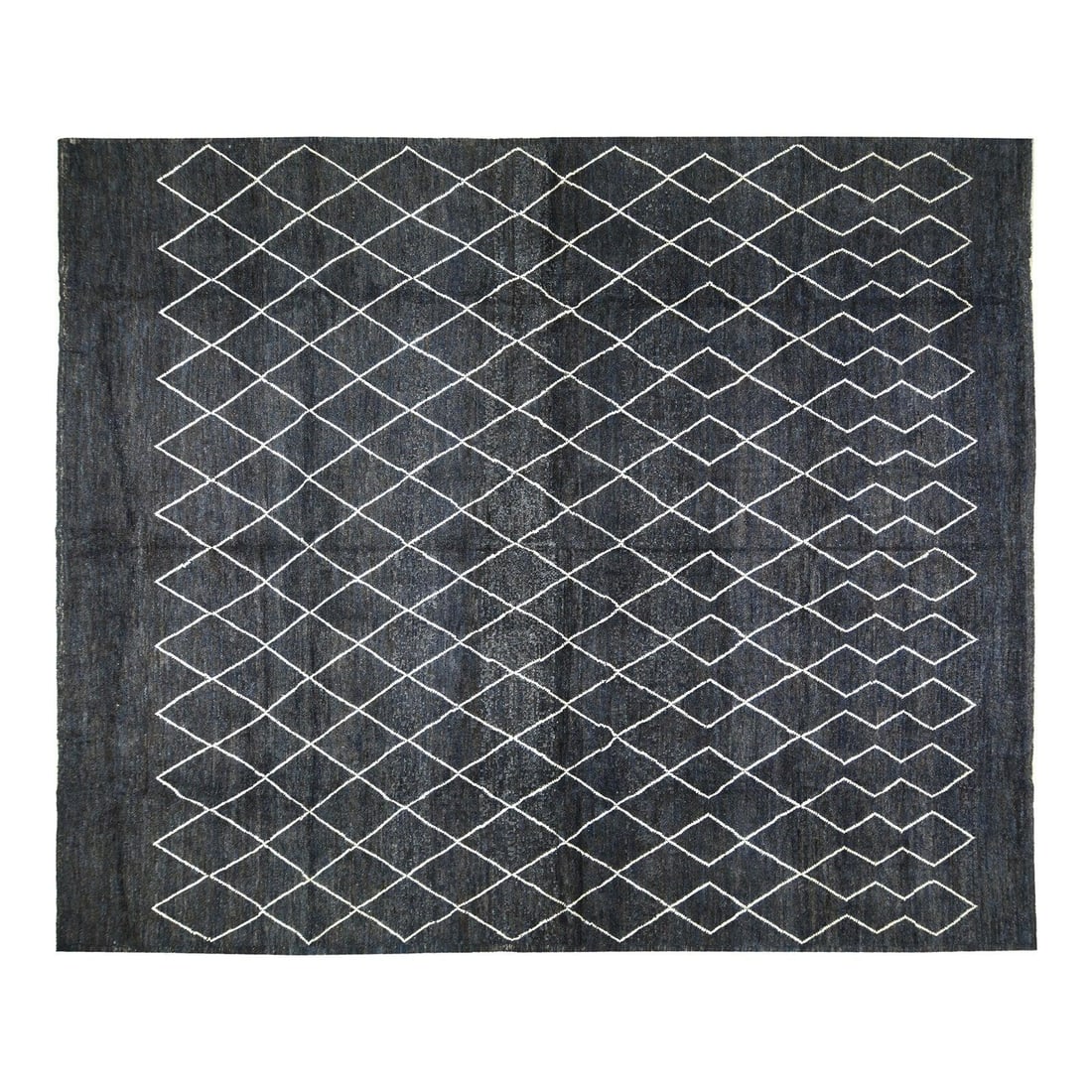 Charcoal Wool Area Rug Hand Knotted Moroccan Style 12'5 x 15': Charcoal Wool Area Rug Hand Knotted Moroccan Style 12'5 x 15' This Moroccan hand-knotted wool rug is crafted using traditional techniques, blending timeless craftsmanship with a modern design sensibil