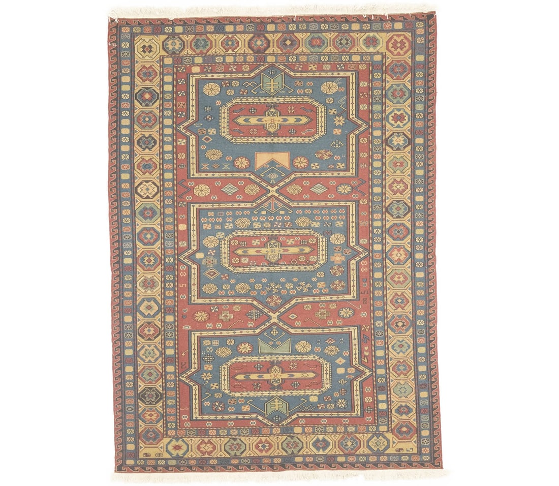 Hand-Woven Wool Tribal Area Rug Floral Pattern 5'9 x 8'1 Modern Boho: Hand-Woven Wool Tribal Area Rug Floral Pattern 5'9 x 8'1 Modern Boho This hand-woven Sumak flat-weave area rug features a floral pattern in shades of red, blue, black, and beige. Made from wool, it of