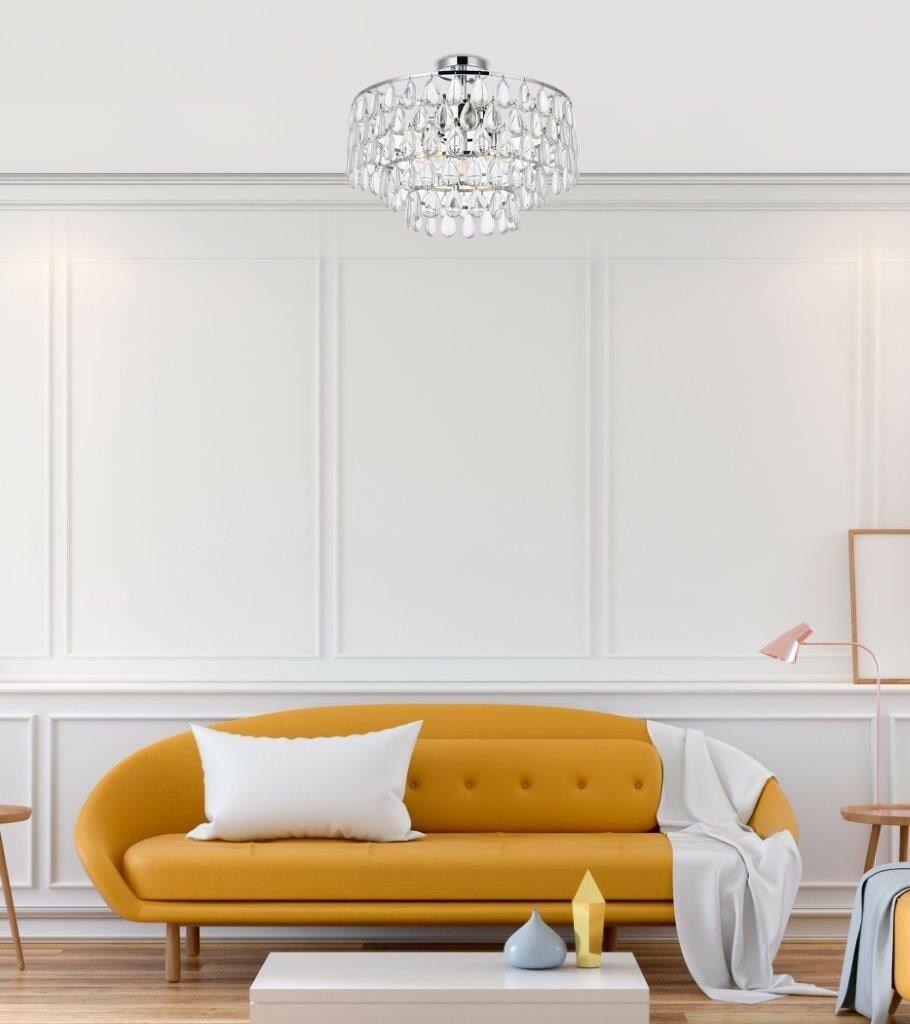 Living District Mila 5-Light Chrome Crystal Flush Mount: Living District Mila 5-Light Chrome Crystal Flush Mount This modern flush mount chandelier features a chrome finish with high-quality glass or crystal drops, providing an elegant accent for dining roo