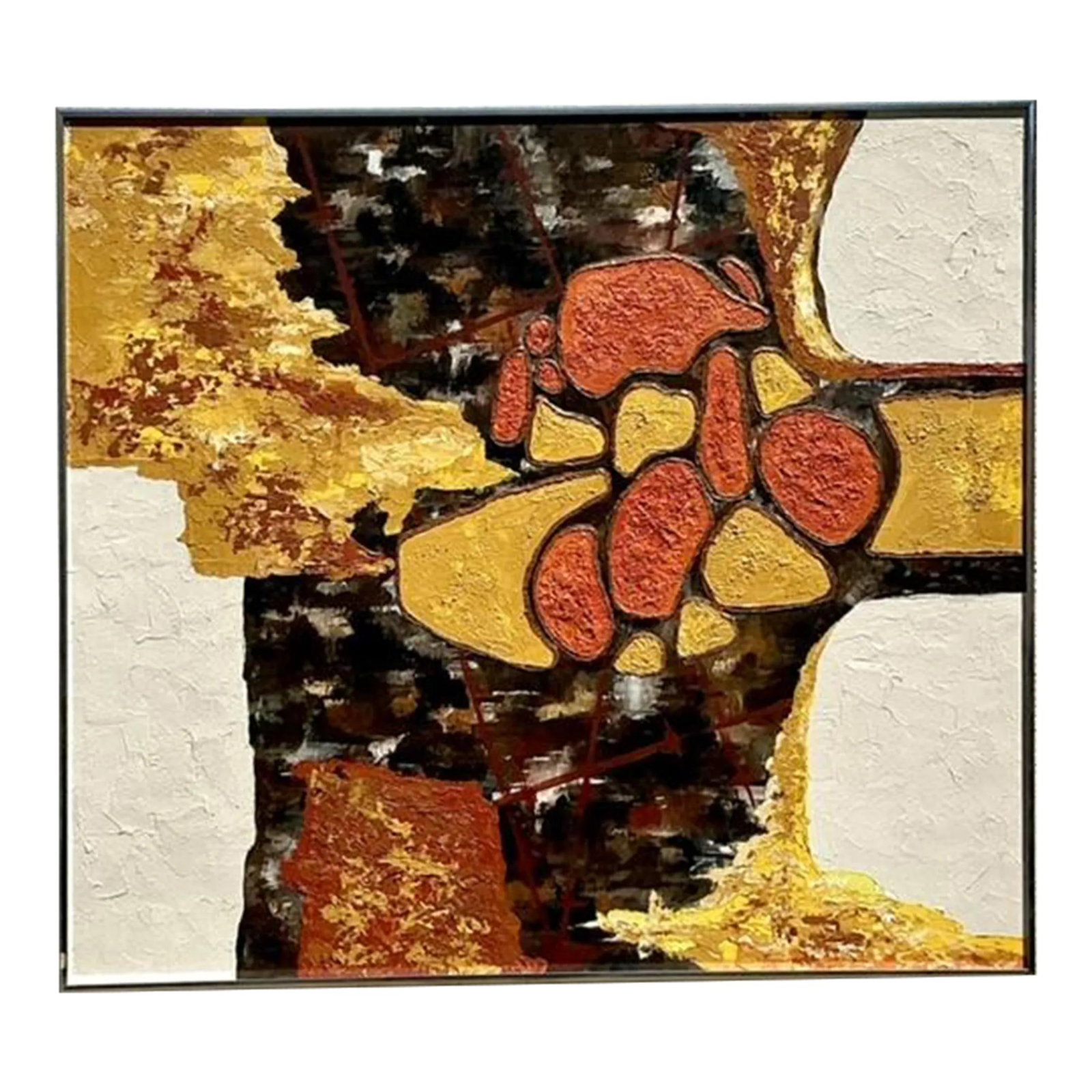 Vintage Boho Abstract Oil Painting on Canvas 40.25 x 36.25 Orange: Vintage Boho Abstract Oil Painting on Canvas 40.25 x 36.25 Orange Elevate your decor with this vintage original abstract oil painting on canvas, embodying a bold bohemian flair. The artwork showcases 