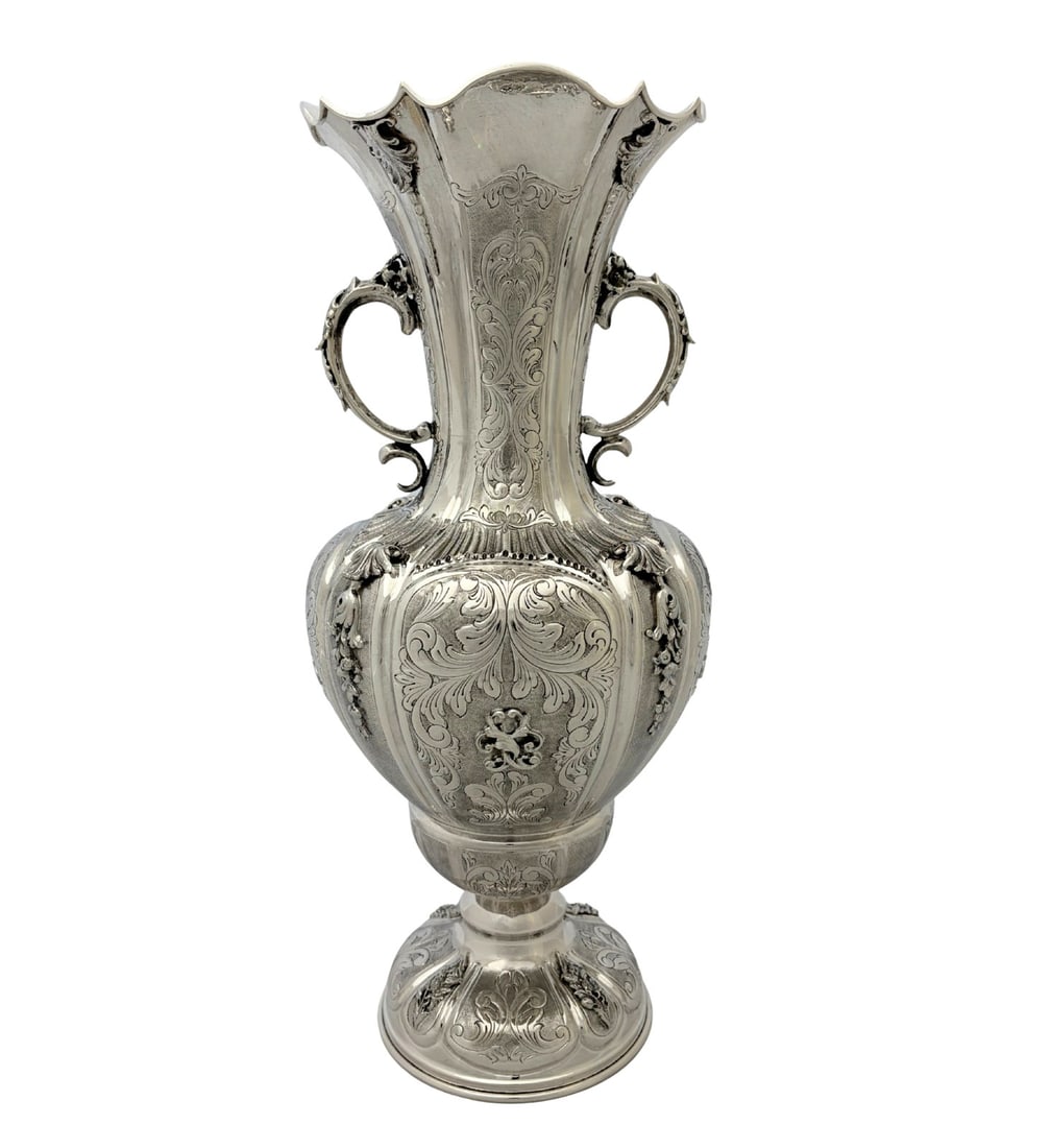925 Sterling Silver Tall Flower Vase with Handles Ornate Chased Design: 925 Sterling Silver Tall Flower Vase with Handles Ornate Chased Design This tall sterling silver flower vase from Turkiye features intricate handmade floral and leaf applique with chased swirl designs