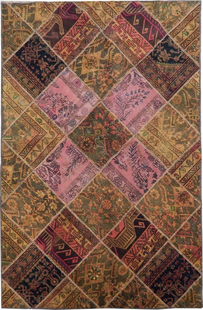 5.3 x 8 Hand-Knotted Semi-Antique Persian Patchwork Area Rug: 5.3 x 8 Hand-Knotted Semi-Antique Persian Patchwork Area Rug Free continental US Shipping Introducing the 5'3" x 8' Semi-Antique Persian Patchwork Rug, a stunning blend of historical charm and modern 