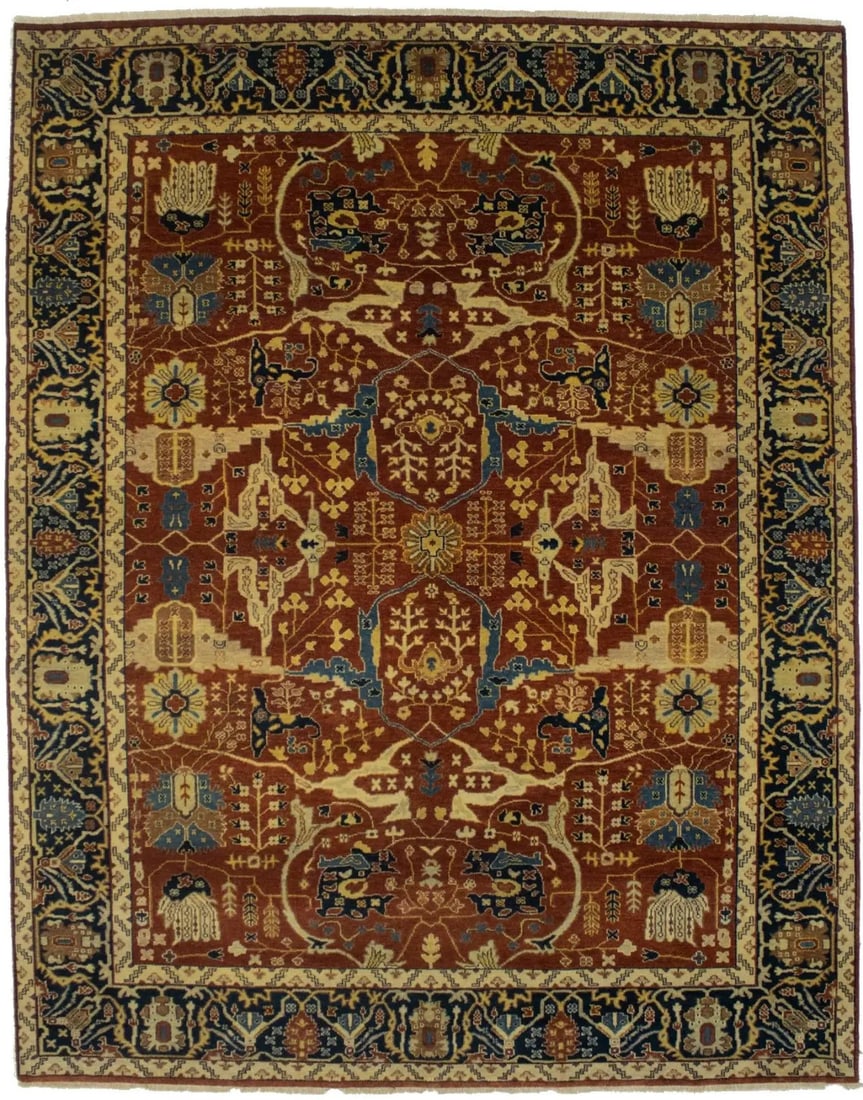 Red Floral Wool Oushak Area Rug Hand-Knotted 8x10 ft Modern Design: Red Floral Wool Oushak Area Rug Hand-Knotted 8x10 ft Modern Design This one-of-a-kind Oushak area rug features a hand-knotted floral design in shades of rusty red, beige, blue, buff, and brown. Made f