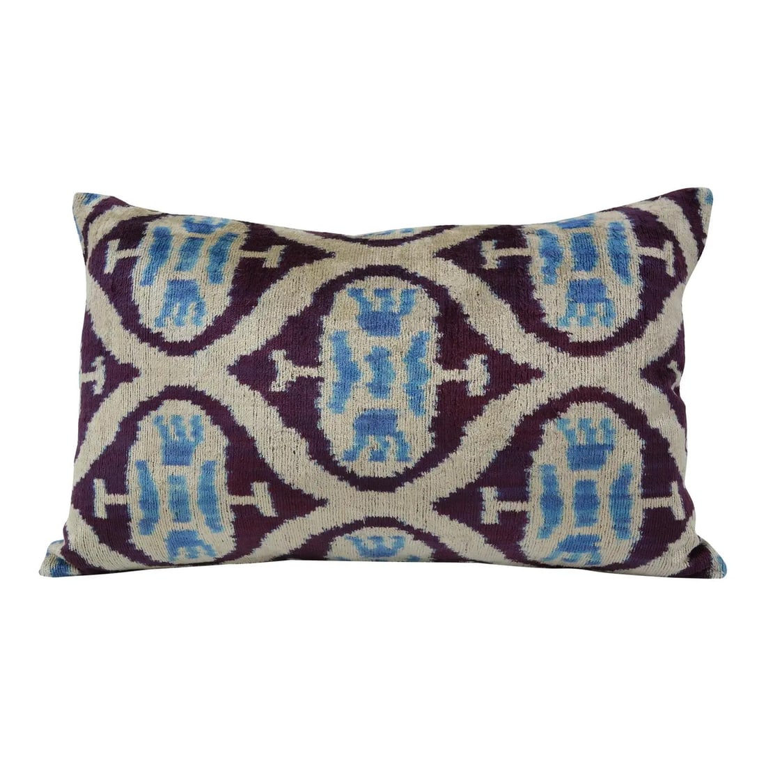 Purple Uzbek Ikat Velvet Pillow with Linen Backing: Purple Uzbek Ikat Velvet Pillow with Linen Backing This handmade Silk Uzbek Ikat velvet pillow cushion features a natural linen backing and a hidden zipper for a seamless look. It comes with a 10/90 d