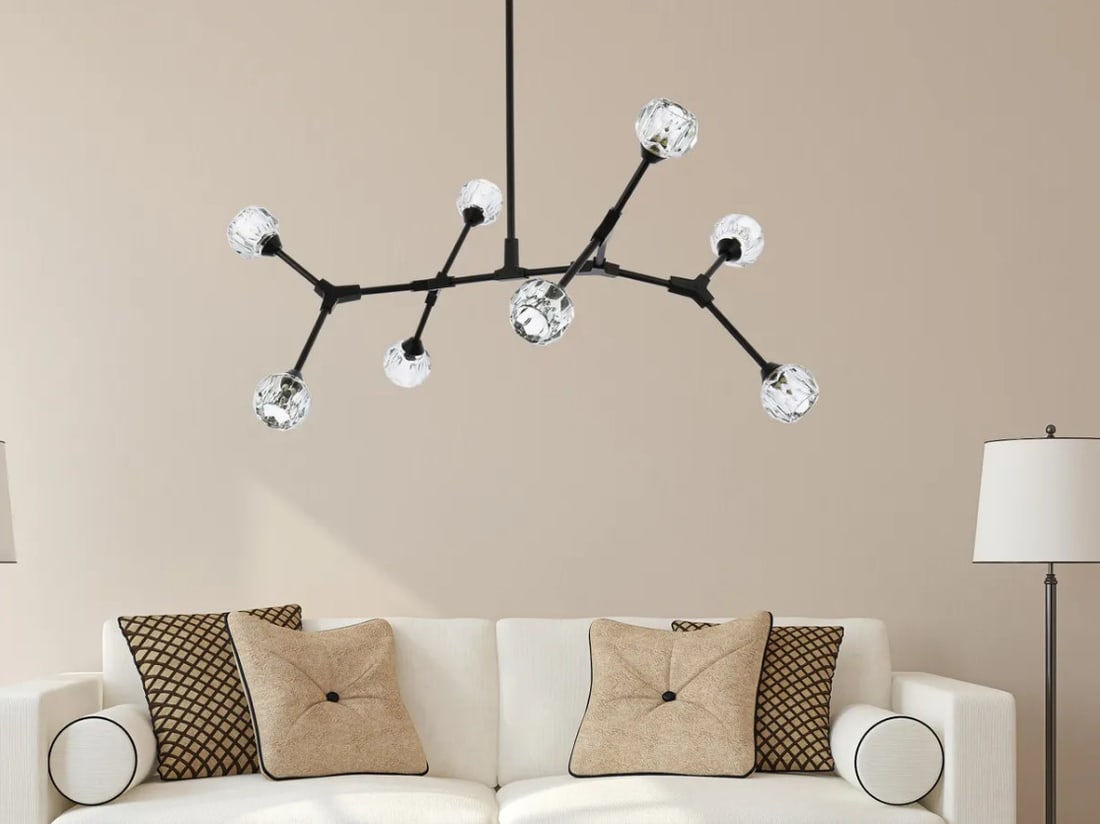 Black Crystal 8-Light Zayne Chandelier 45 in Adjustable Height: Black Crystal 8-Light Zayne Chandelier 45 in Adjustable Height This modern black chandelier from the Zayne Collection features eight lights and clear crystal shades, making it an elegant addition to k