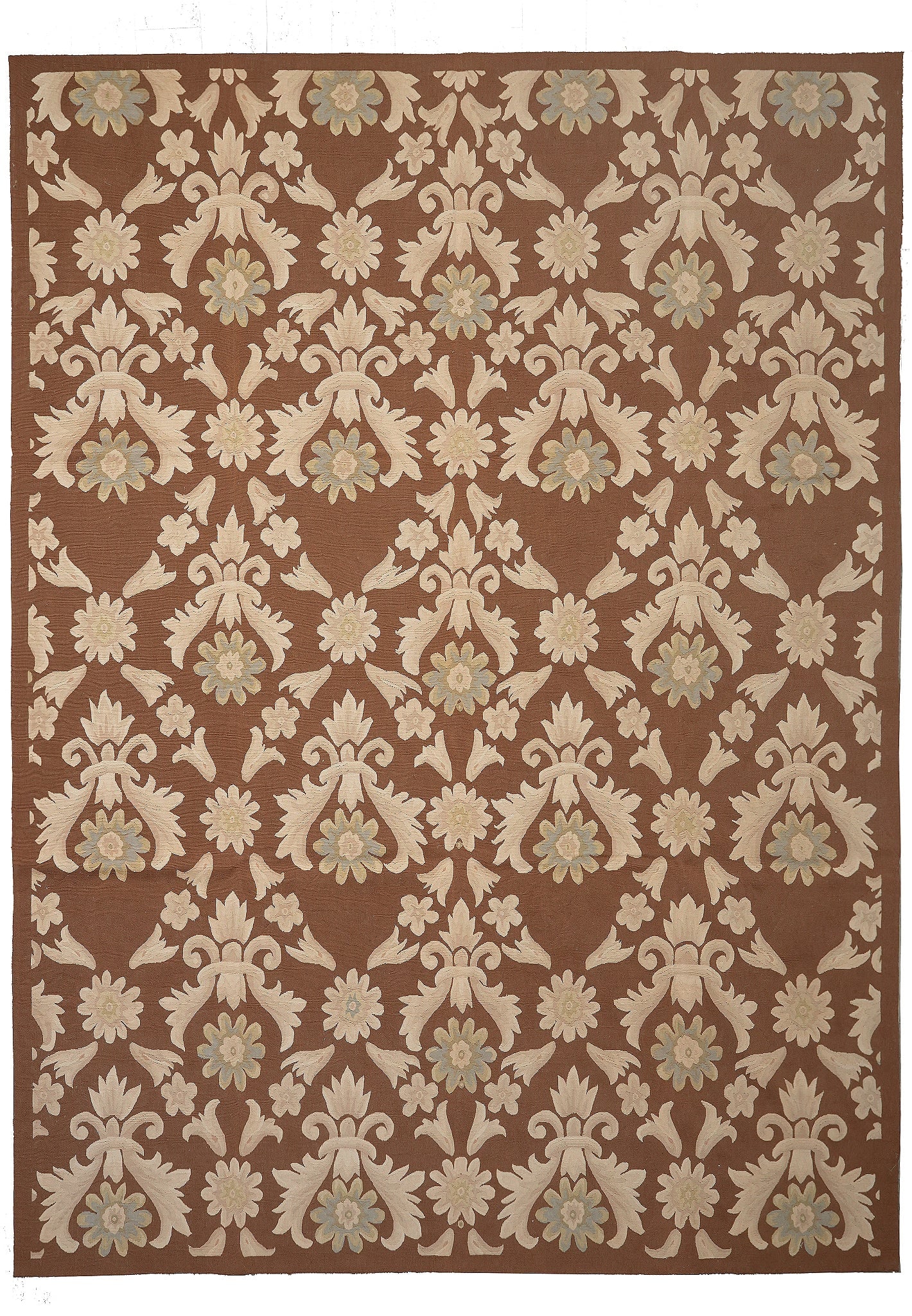 9.3 x 12.5 Handmade Flat Weave French Transitional Modern Rug: 9.3 x 12.5 Handmade Flat Weave French Transitional Modern Rug Free continental US Shipping This handmade French flat weave rug features a transitional modern design with intricate floral and bird moti