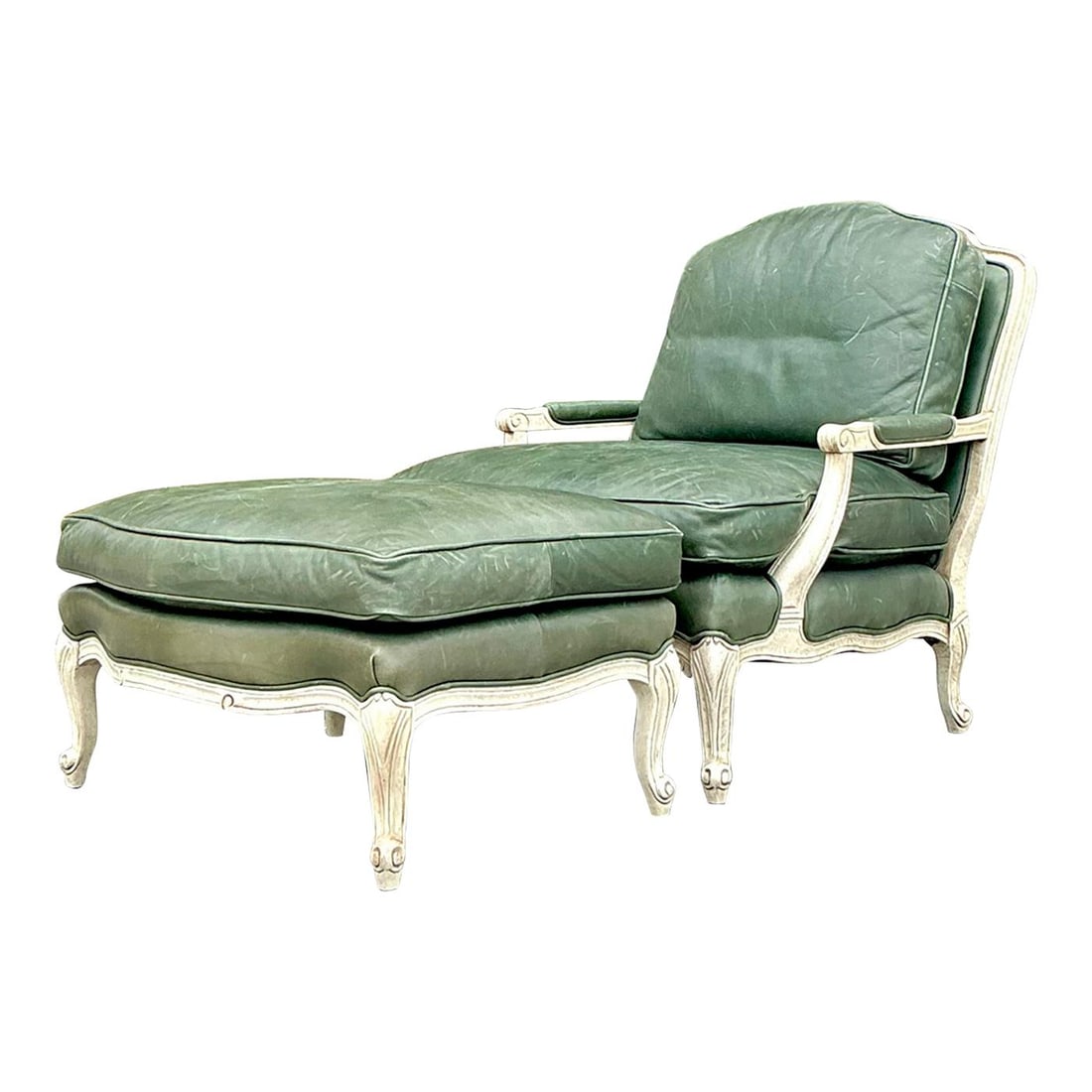 Vintage Regency Green Leather Lounge Chair and Ottoman Set: Vintage Regency Green Leather Lounge Chair and Ottoman Set Transform your living space with this Vintage Regency Provincial Green Leather Lounge Chair and Ottoman. This elegant set combines the charm 