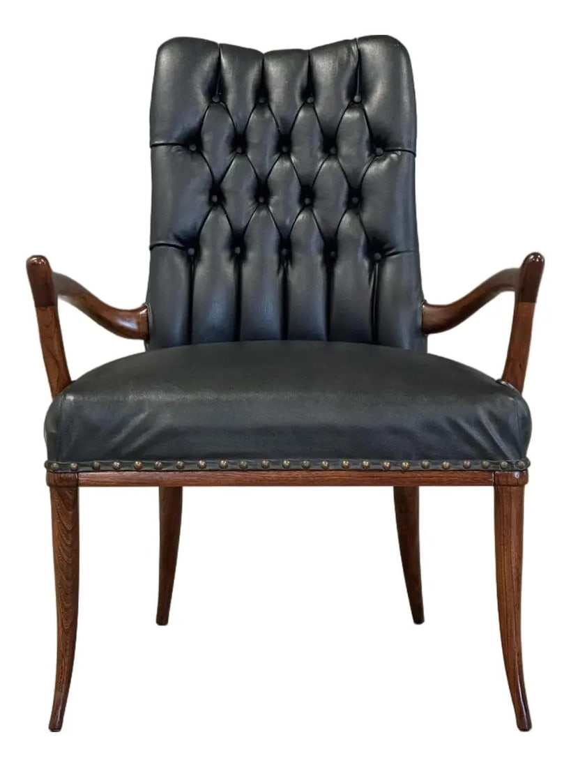 Mid Century Modern Black Vinyl Desk Chair 1960s USA: Mid Century Modern Black Vinyl Desk Chair 1960s USA This mid-century modern office desk chair features a sleek black vinyl tufted design complemented by refinished walnut legs. Dating back to the 1960