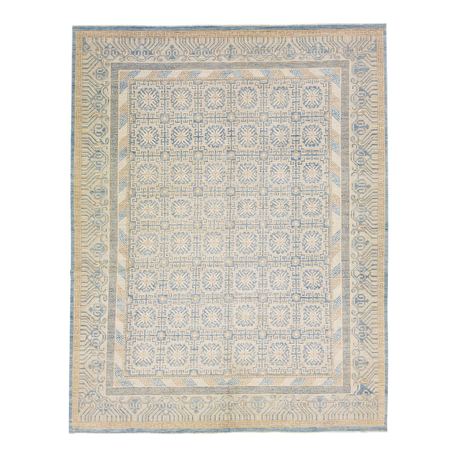 Handmade Khotan Style Wool Rug 12' x 15'4' Beige Geometric Design: Handmade Khotan Style Wool Rug 12' x 15'4' Beige Geometric Design Experience the elegance of this handmade modern Khotan style wool rug, featuring a sophisticated beige color field adorned with intric