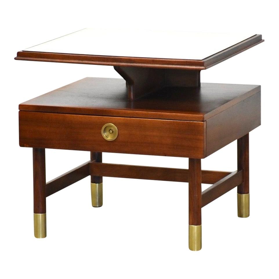 1960s Renzo Rutili Walnut Brass Nightstand Mid Century Modern: 1960s Renzo Rutili Walnut Brass Nightstand Mid Century Modern This exquisite mid-century modern nightstand, designed by Renzo Rutili for Johnson Furniture, features a sleek walnut body complemented by